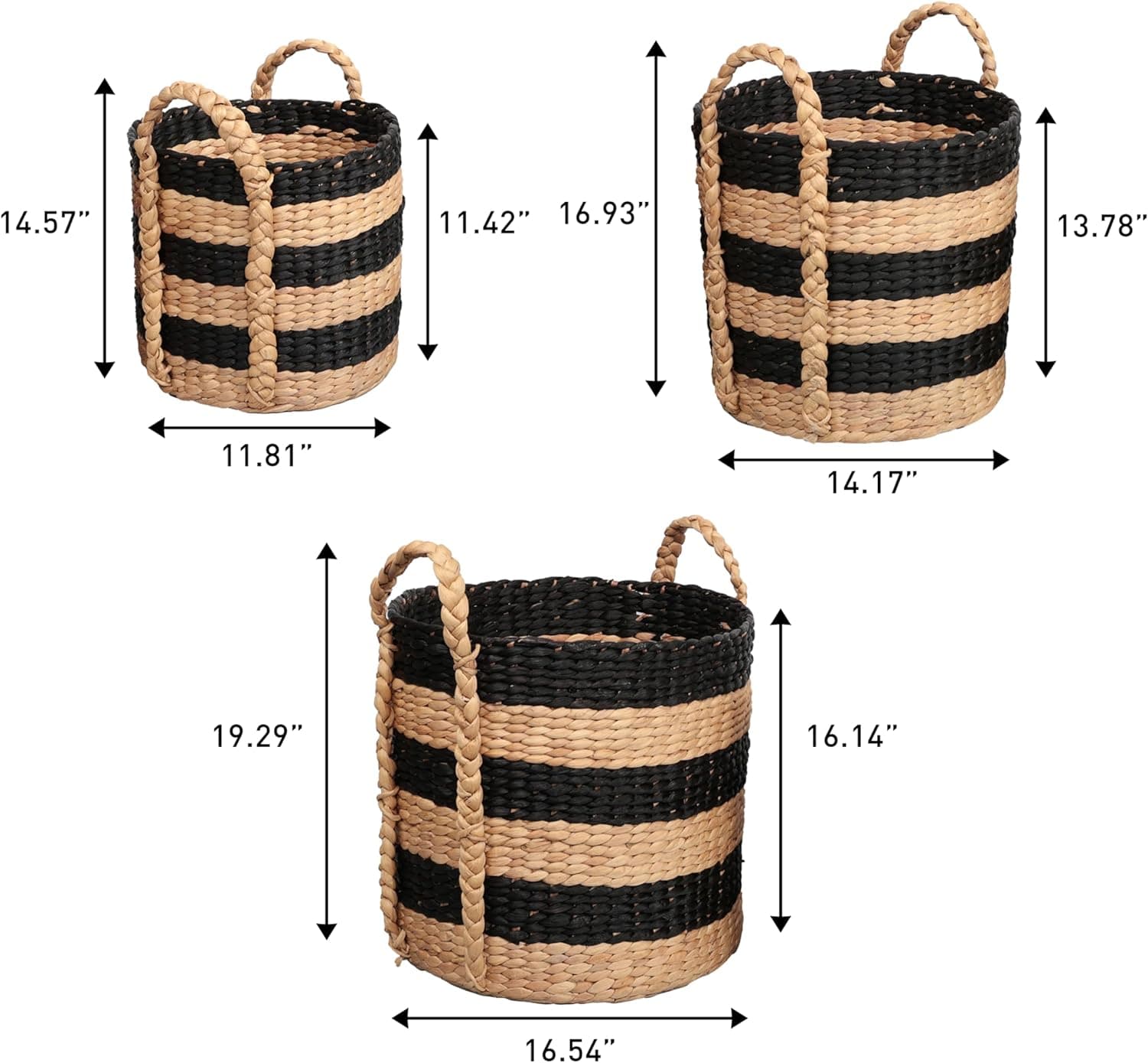 happimess BSK2018C-3SET Willow Rustic Cottage Stripe Handwoven Water Hyacinth Nesting Storage Baskets with Handles, Seagrass Containers for Decoration in Living Room Bedroom, Black/Natural (Set of 3) : Home &amp; Kitchen thumbnail 4