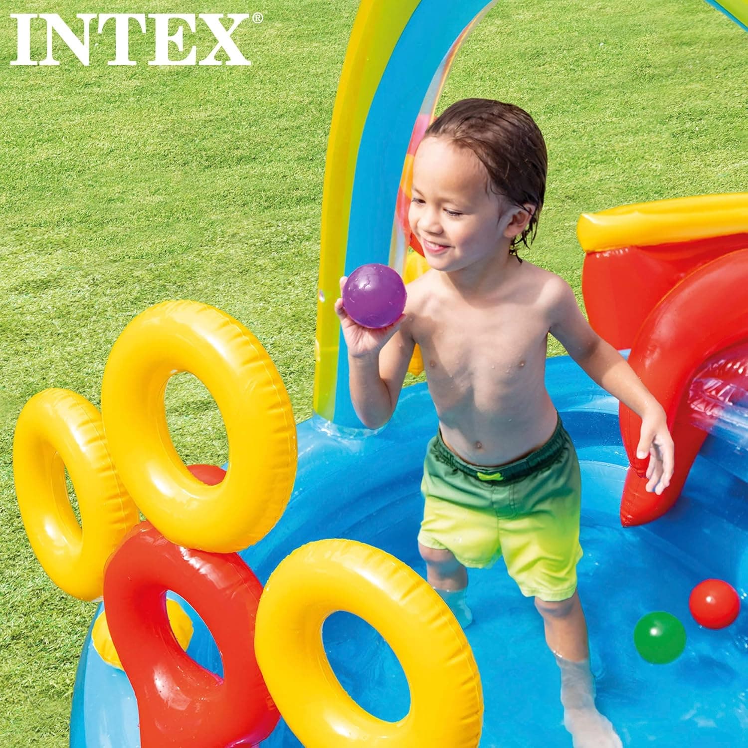 Intex Rainbow Slide Kids Inflatable Pool with Water Slide and Ring Toss thumbnail 5