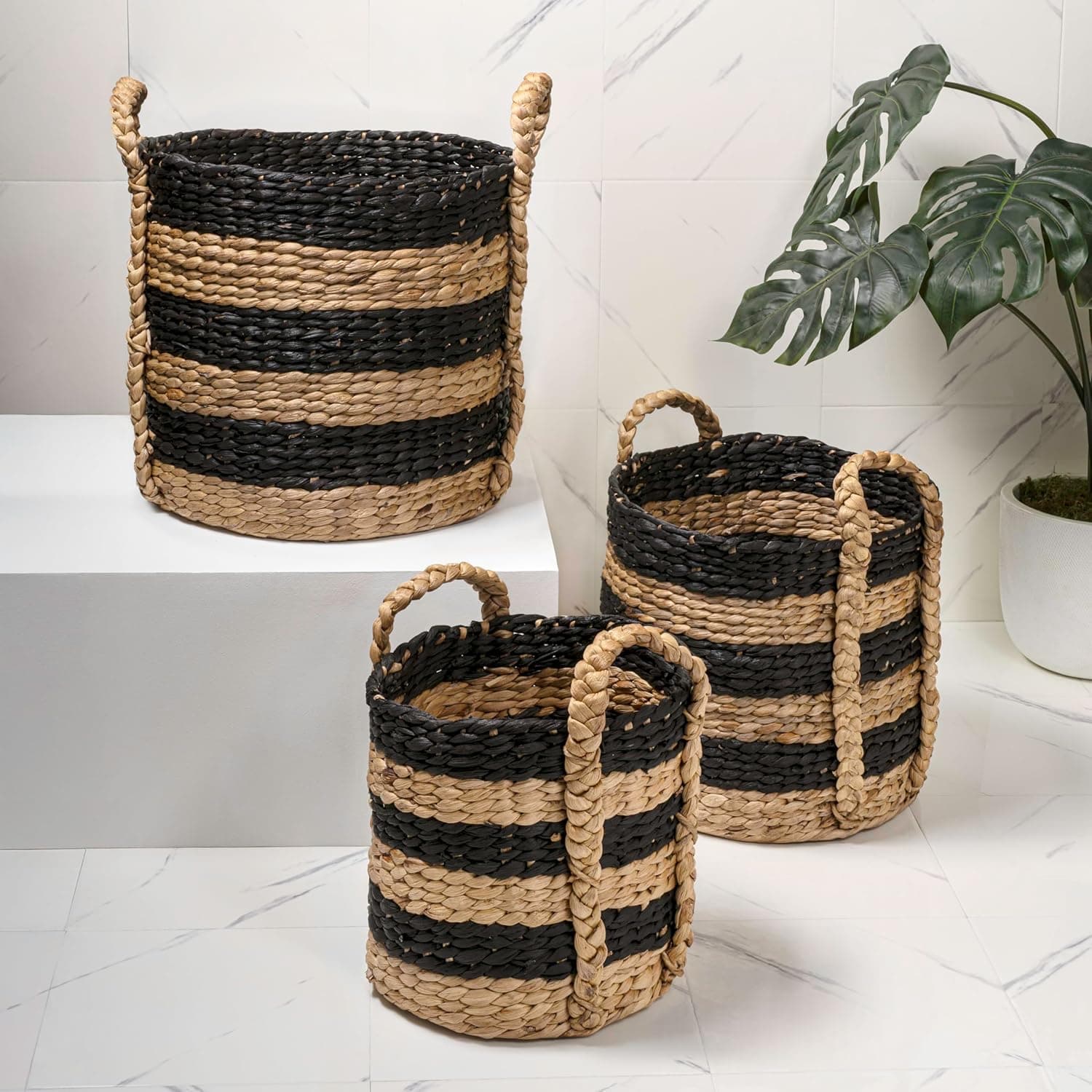 happimess BSK2018C-3SET Willow Rustic Cottage Stripe Handwoven Water Hyacinth Nesting Storage Baskets with Handles, Seagrass Containers for Decoration in Living Room Bedroom, Black/Natural (Set of 3) : Home &amp; Kitchen thumbnail 2