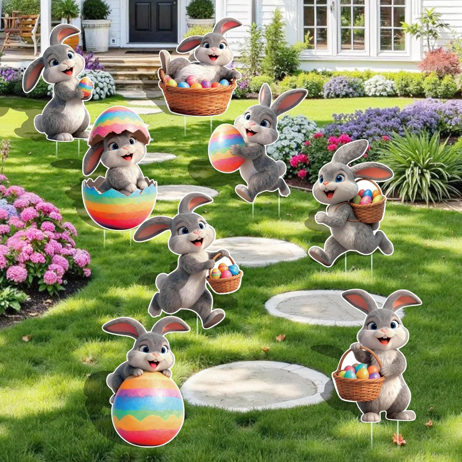 8 Pcs Easter Yard Signs with Stakes, Large Outdoor Easter Bunny Decorations in 8 Styles Featuring Cute Rabbits and Eggs, Sturdy and Waterproof Bunny Yard Lawn Garden Decor for Easter Party : Patio, Lawn &amp; Garden thumbnail 5