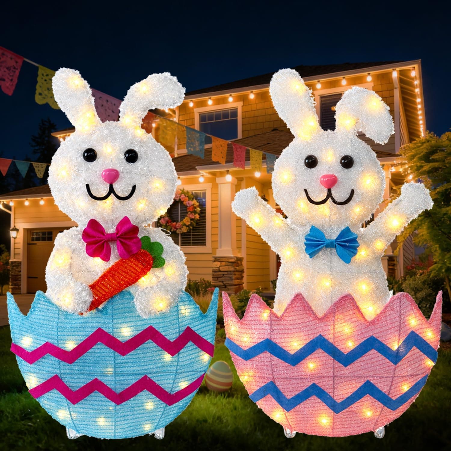 Outdoor Easter Decorations - Set of 2 Lighted Metal Bunnies, 35 Inch Wide — Easter Gifts gift idea