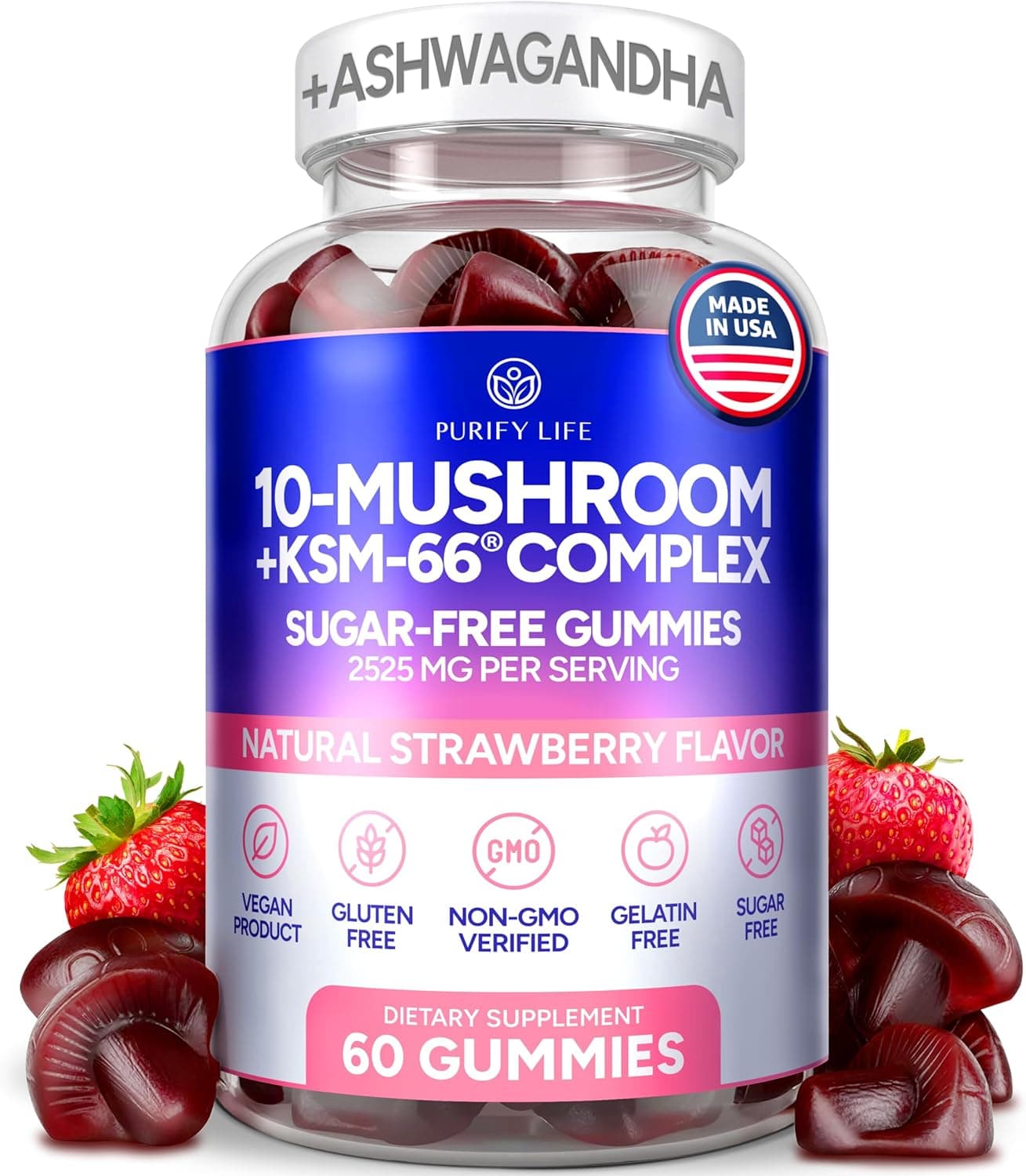 Sugar-Free Mushroom Gummies with KSM 66 Ashwagandha - Potent 10x Mushroom Supplement with Lions Mane, Chaga, Reishi, Mushroom Complex, Natural Stress Support, Calm Gummies, Nootropic Supplement : Health &amp; Household image 1