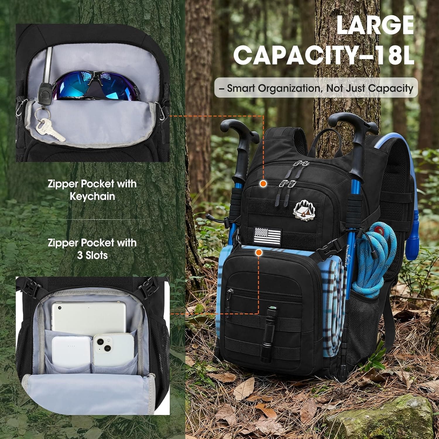 RAINSMORE Tactical Hydration Backpack 18L with 2L Water Bladder & Rain Cover thumbnail 3