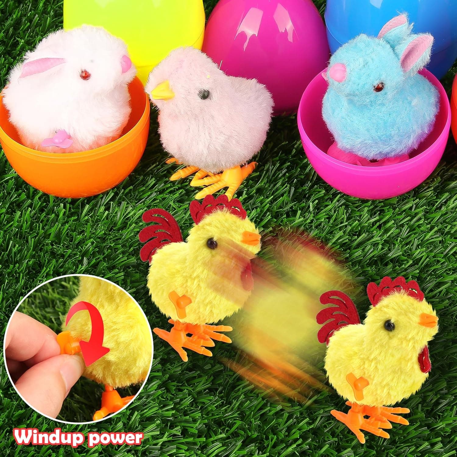 SURCVIO 8 Pack Jumbo Easter Eggs Fillers with Colorful Wind-Up Jumping Bunnies and Chicks Toys, Easter Basket Stuffers for Kids, Filled Easter Eggs, Easter Hunt Party Favors : Toys &amp; Games thumbnail 3