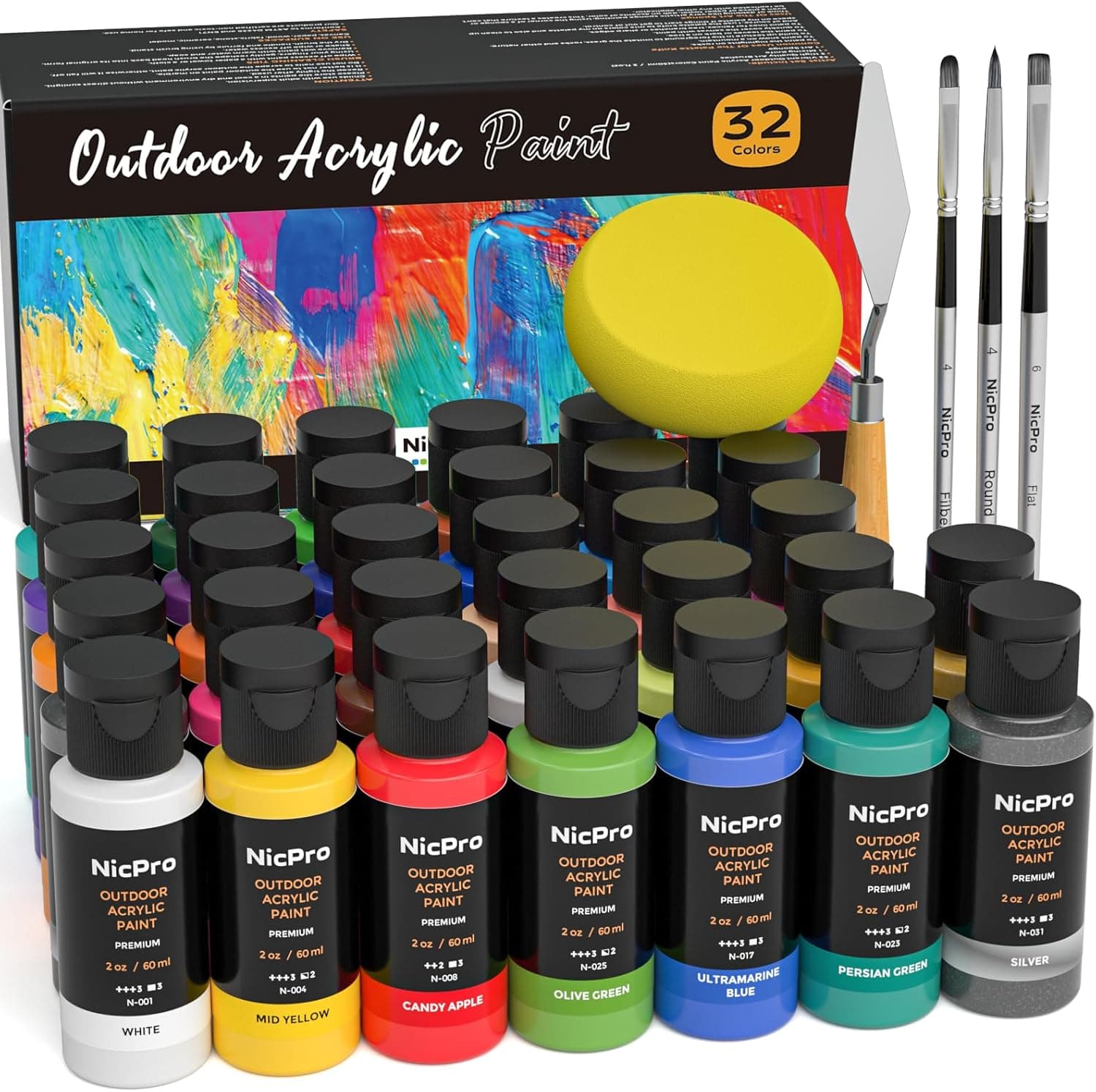 Nicpro 32 Colors Outdoor Acrylic Paint Bulk with Brush and Sponge, Knife, Non-Toxic Paint for Multi-surface Rock, Wood, Fabric, Leather, Crafts, Canvas, Shoes and Wall Painting : Arts, Crafts &amp; Sewing — Spring Gift Ideas gift idea