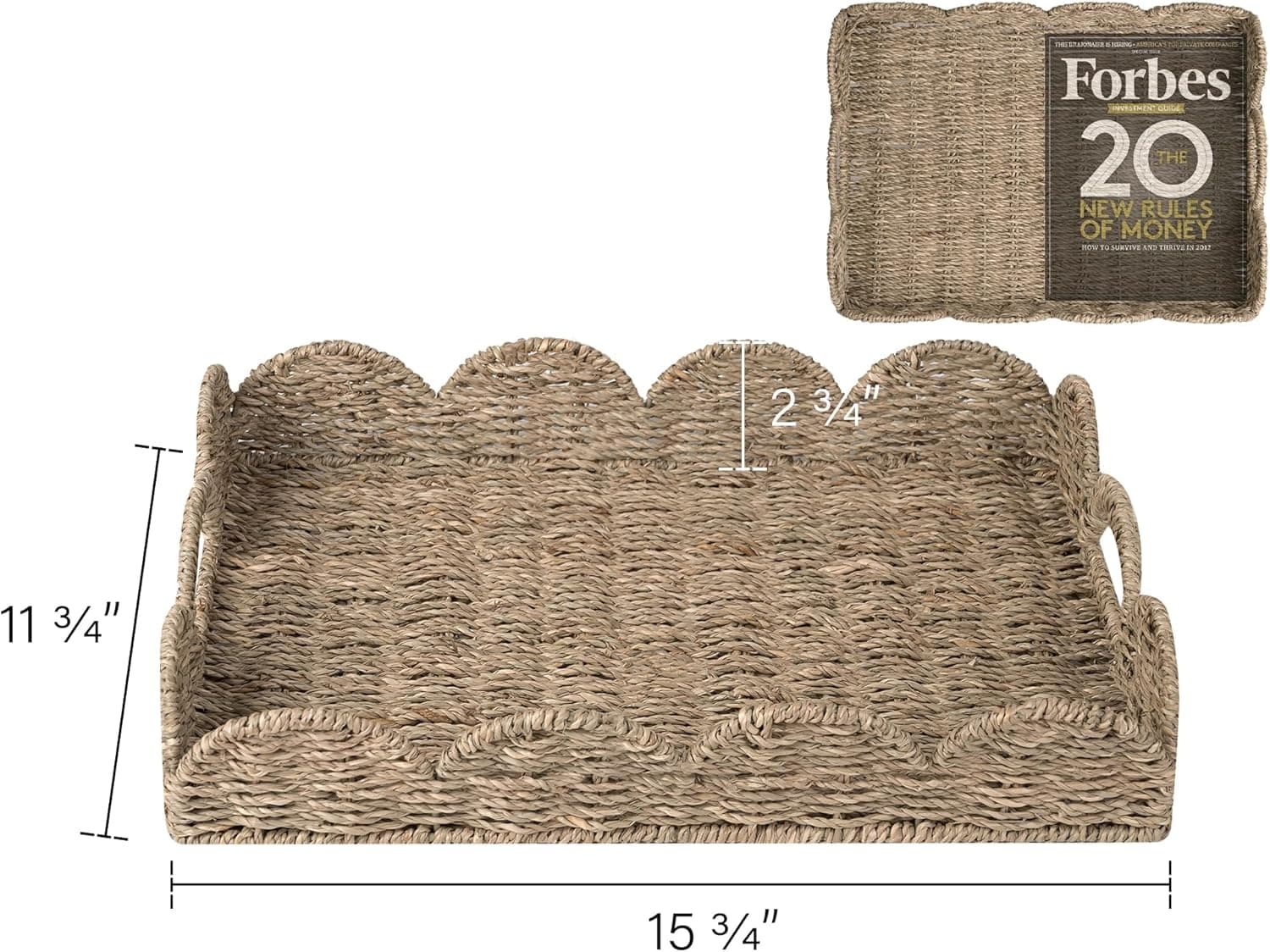 StorageWorks Rectangle Wicker Scalloped Tray, Rattan Serving Trays with Handles, Seagrass Basket for Decorative &amp; Organizing, 15.75" L x 11.5" W x 2.75" H : Home &amp; Kitchen thumbnail 3