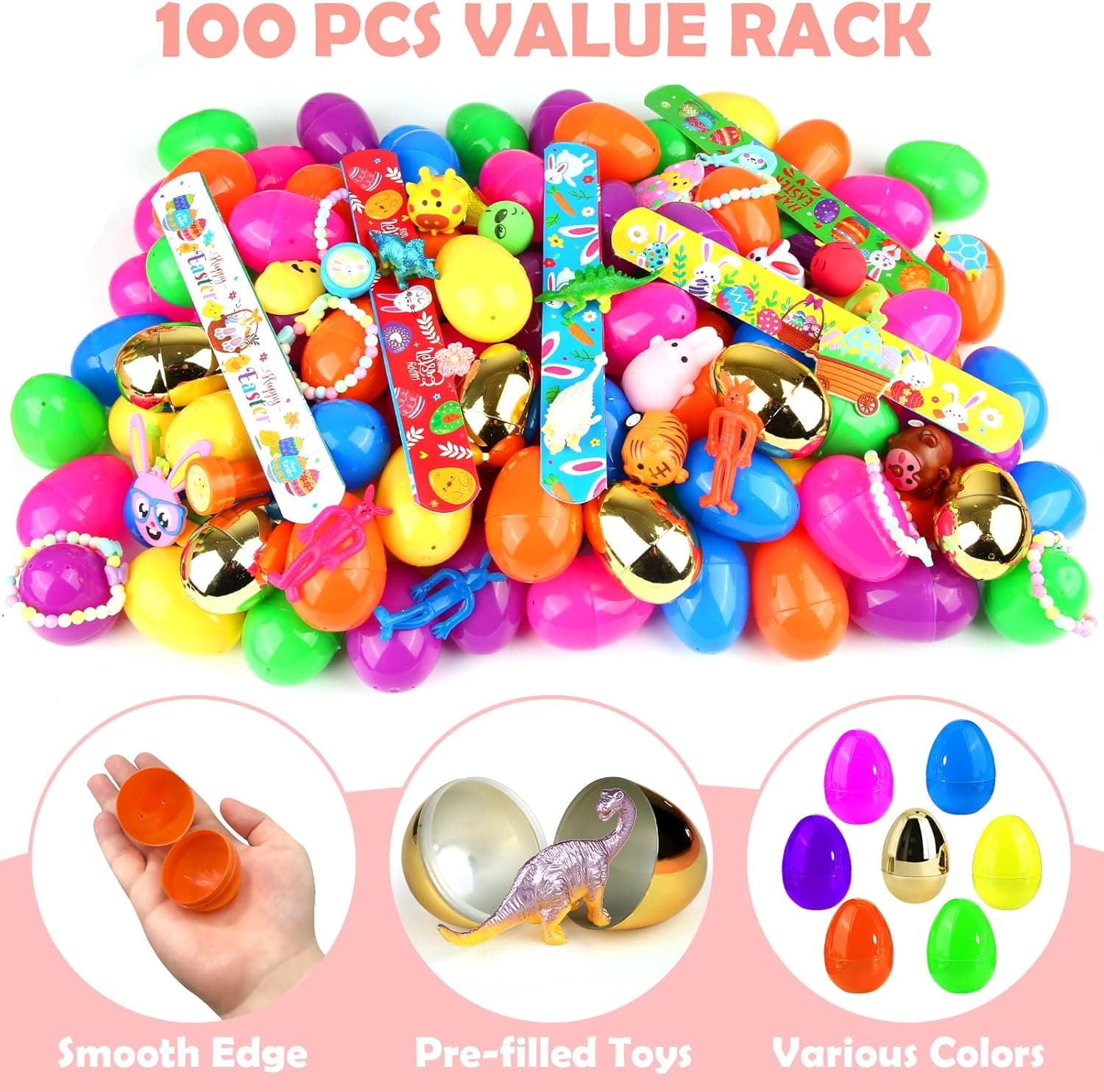 [ 6 Surprise Golden Eggs ] 100 Pack Prefilled Easter Eggs with Assorted Toys Inside, Pre-filled Easter Egg Hunt Stuffed, 100 Plastic Easter Eggs Fillers with Toys, Easter Basket Stuffers : Toys &amp; Games thumbnail 2