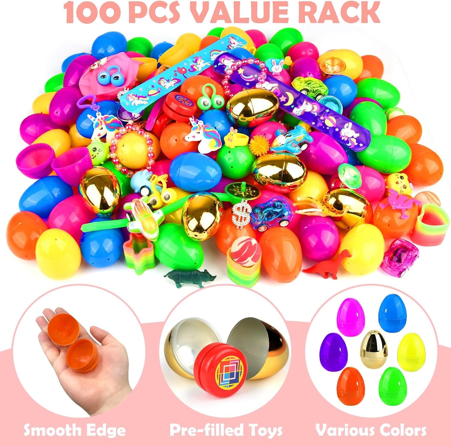 100 Pack Prefilled Easter Eggs with Assorted Toys and 6 Golden Eggs thumbnail 2