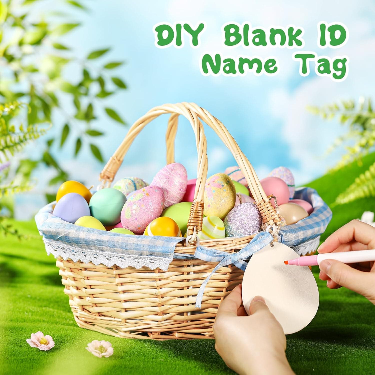 Leinuosen Easter Basket Wicker Picnic Basket with Wooden Egg Cutout and Handle (Blue) thumbnail 3