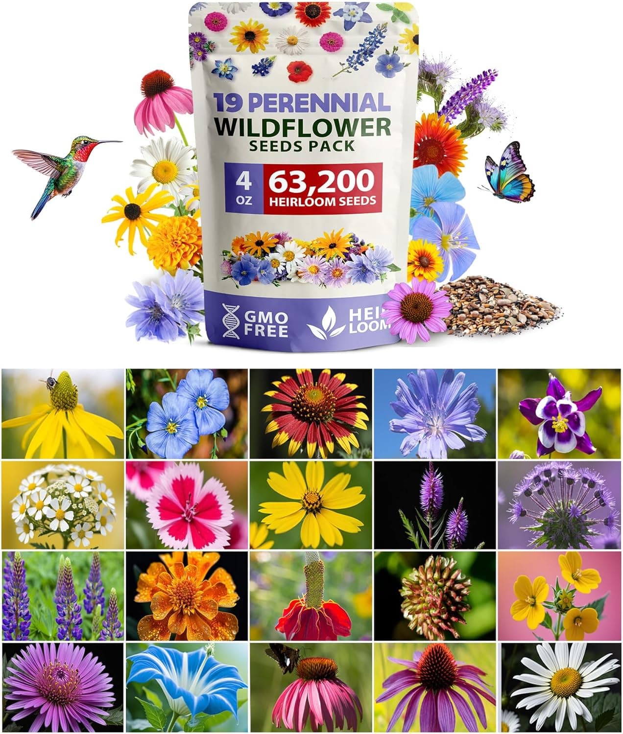 HOME GROWN Wildflower Seeds Bulk 4 oz 63,200+ Seeds 19 Varieties Non-GMO Perennial Mix, Butterfly &amp; Pollinator Flower Seeds, Attract Bees, Birds &amp; Hummingbirds, Outdoor Planting : Patio, Lawn &amp; Garden image 1