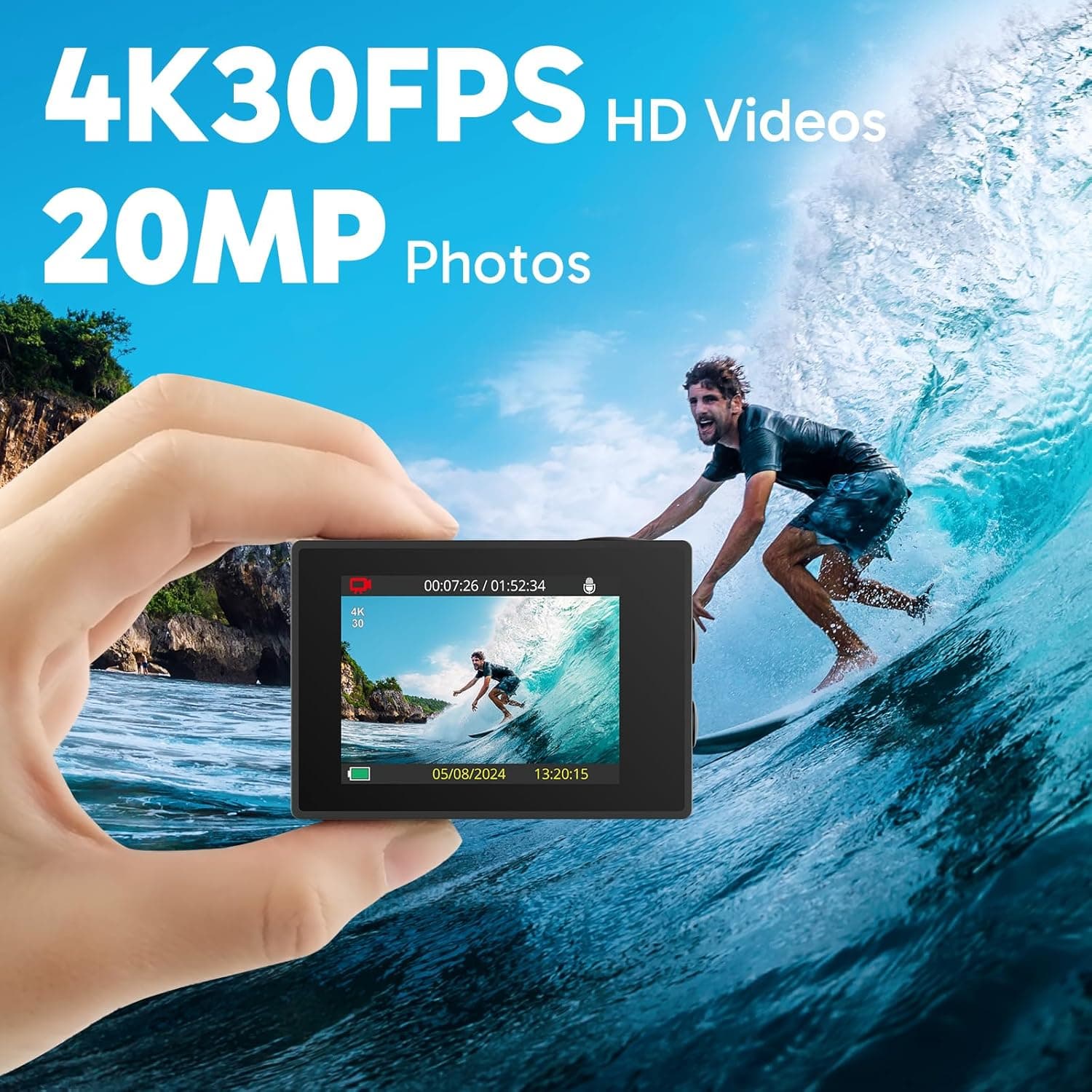 AKASO EK7000 4K30FPS 20MP WiFi Action Camera with EIS Ultra HD 131FT Waterproof Underwater Camera Remote Control 4X Zoom Support External Microphone Blue : Electronics thumbnail 2