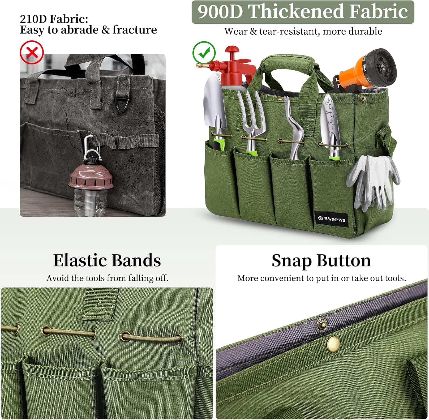 Raynesys Garden Tote Bag, Gardening Tool Bag Organizer with Pockets &amp; Handle, 900D Heavy Duty Garden Storage Bag with Long Adjustable Shoulder Strap for Tools, Green : Tools &amp; Home Improvement thumbnail 3
