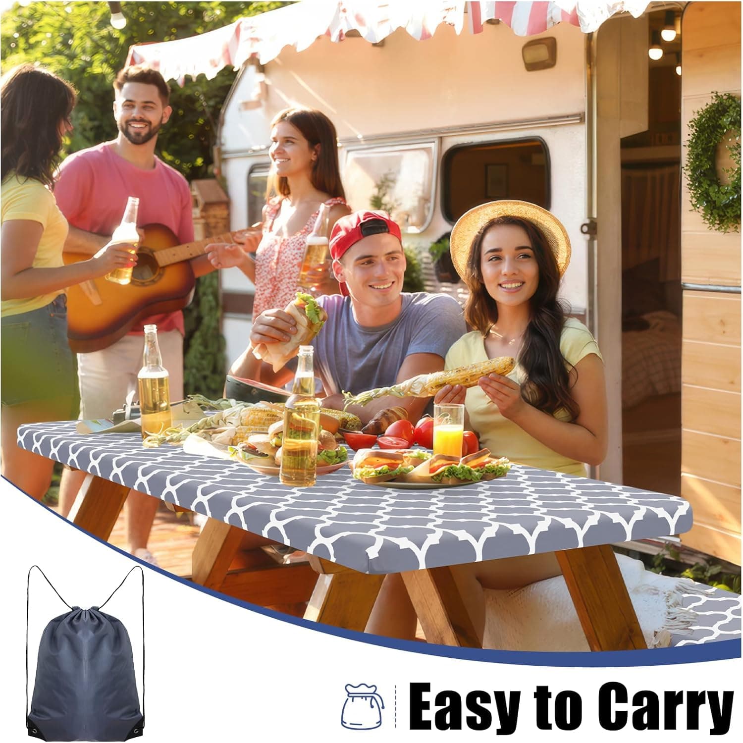 Smiry Picnic Table Cover with Bench Covers, Waterproof Elastic Fitted Tablecloth for 6 Foot Tables, Washable Polyester Tablecloths for Camping, Indoor &amp; Outdoor (Grey, 30x72 Inch 3-pc Set) : Patio, Lawn &amp; Garden thumbnail 5