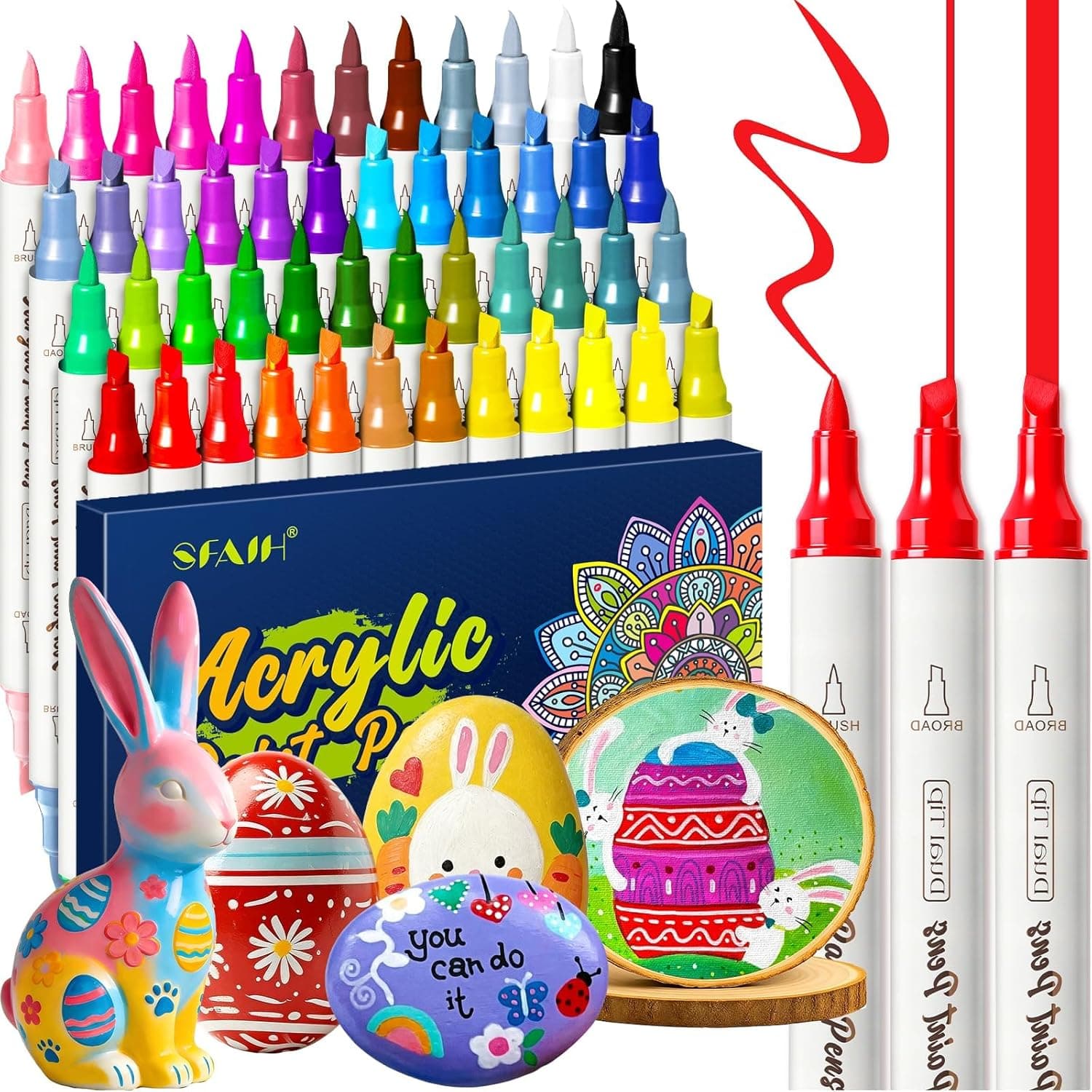 SFAIH 48 Colors Acrylic Paint Markers - Dual Tip Easter Egg Markers, Paint Pens for DIY Crafts Any Surface, Eggs Rock Wood Fabric, Quick Drying Non-Bleed Waterproof [1-5mm Brush &amp; Chisel] : Arts, Crafts &amp; Sewing image 1