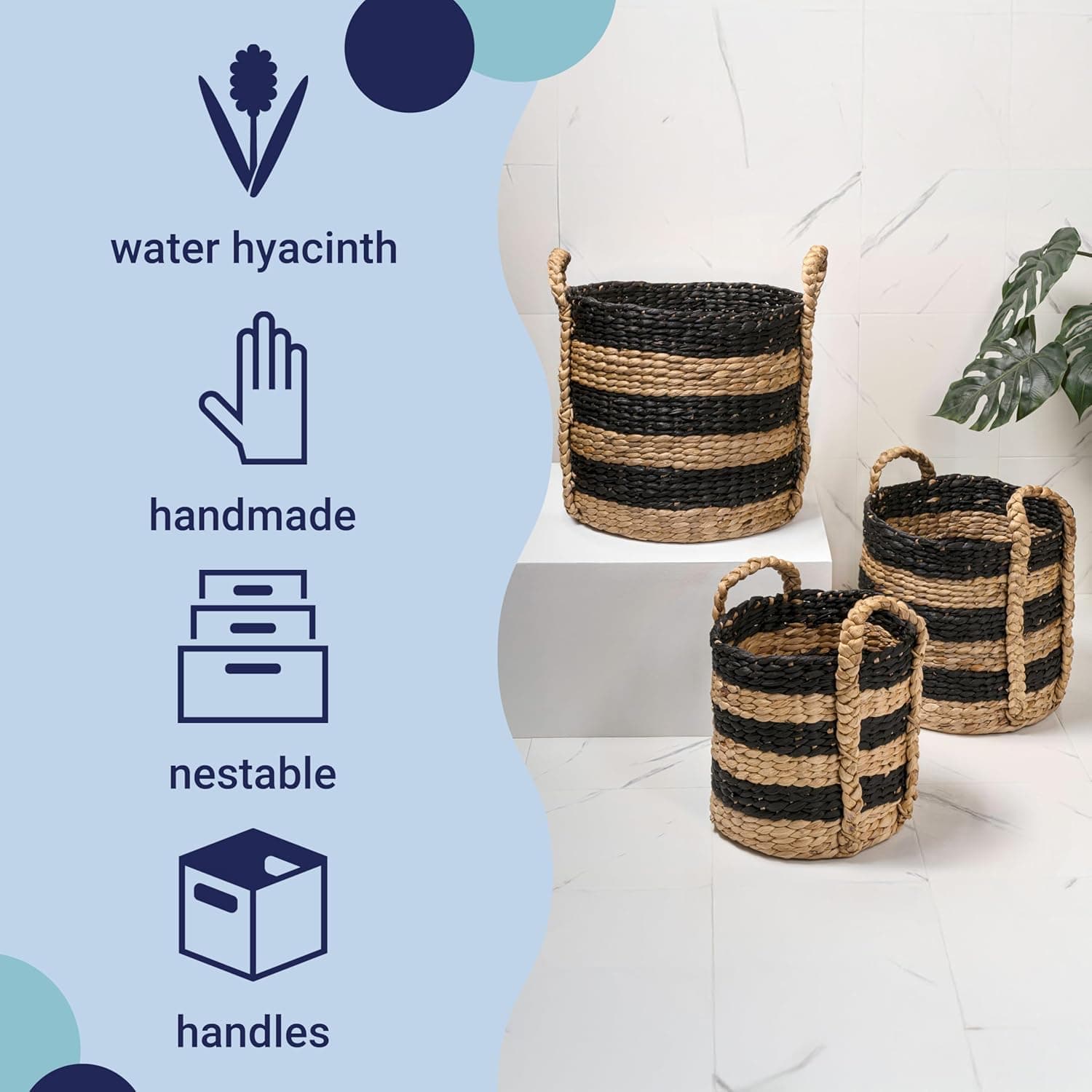 happimess BSK2018C-3SET Willow Rustic Cottage Stripe Handwoven Water Hyacinth Nesting Storage Baskets with Handles, Seagrass Containers for Decoration in Living Room Bedroom, Black/Natural (Set of 3) : Home &amp; Kitchen thumbnail 3