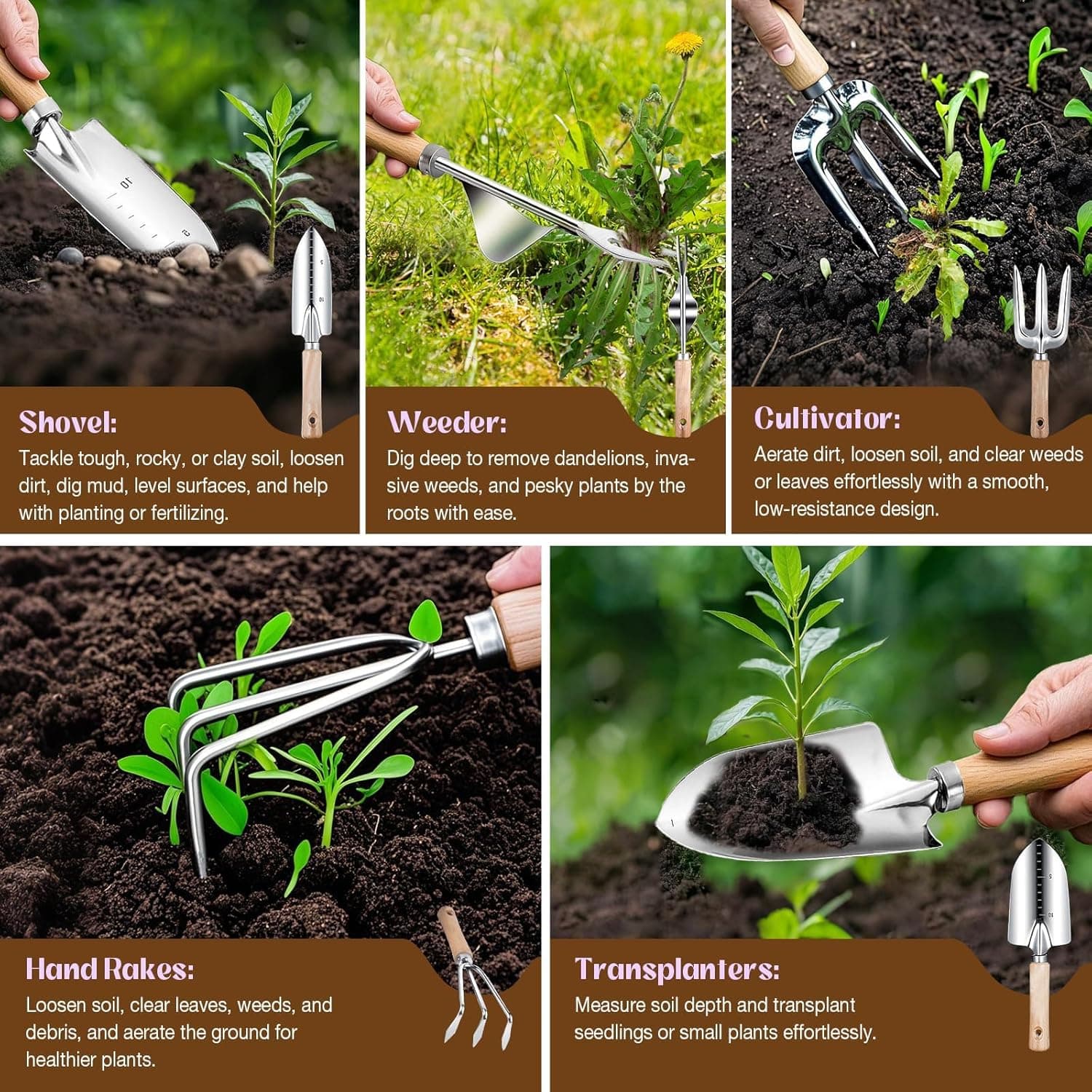 9-Piece Stainless Steel Garden Tools Set with Purple Floral Tote Bag thumbnail 4