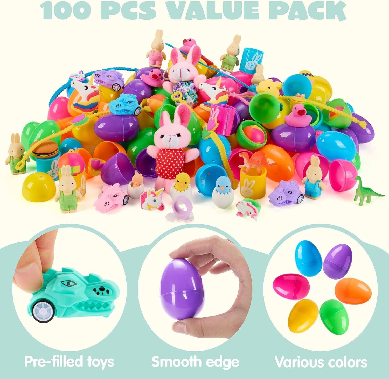 JOYIN 100 Pcs Prefilled Easter Eggs with Toys Plus Stickers, Filled with Toys Party Favors for Kids Boys Girls Easter Eggs Hunt, Basket Stuffers Fillers, Classroom Prize Supplies : Toys &amp; Games thumbnail 3