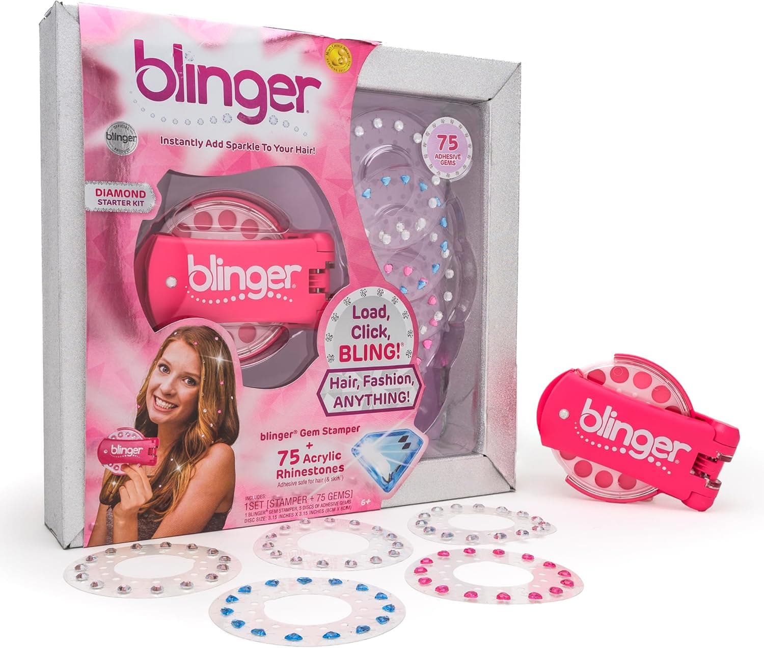 blinger® Diamond Collection Starter Set | Gem Stamper &amp; 75 Rhinestones | Instantly Add Sparkle to Your Hair | Simply Load, Click, Bling® | Bedazzler Kit for Hair, Clothes &amp; Crafts (Dreams) : Toys &amp; Games image 1