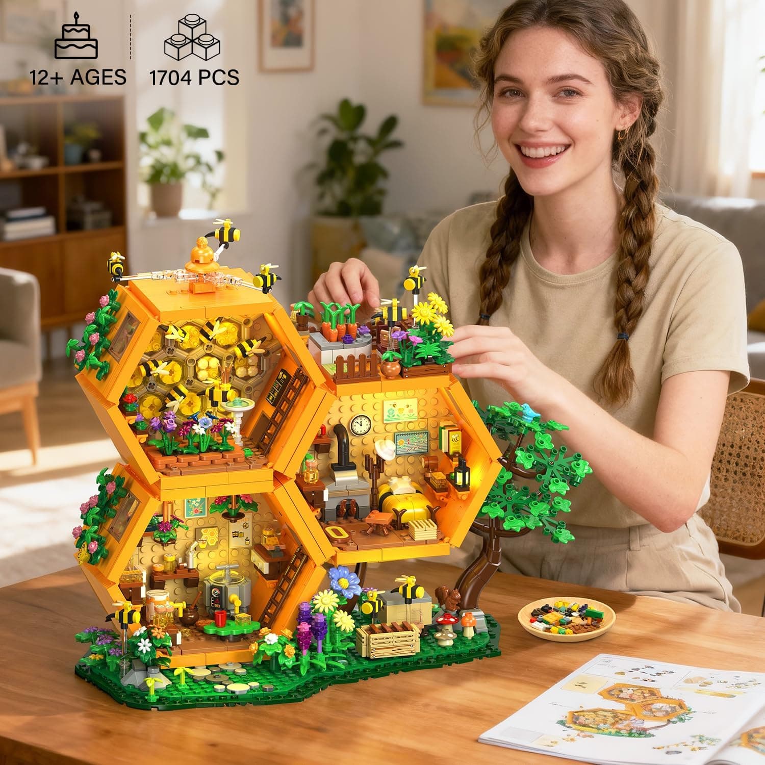 INSOON Farm Bee House Building Set with Lights, 1704PCS Honey Cabin Building Block Kit with Flowers Botanical Animals, Treehouse Construction Model Home Decor, Easter Gift for Adults Boys Girls 12+ : Toys &amp; Games thumbnail 3