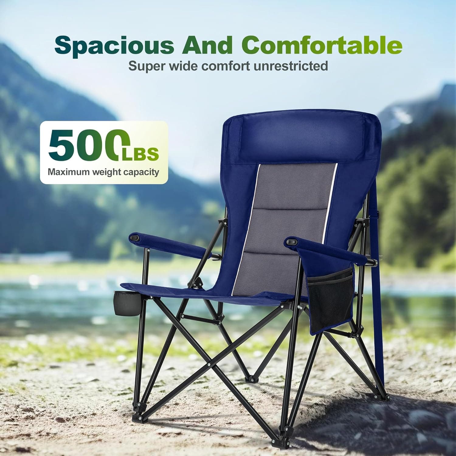 ALPHA CAMP Oversized Folding Camping Chairs High Backrest Heavy Duty Lawn Chairs for Adults Support 500 LBS Portable Camp Chairs with Cup Holders Large Side Pocket for Outdoor : Sports &amp; Outdoors thumbnail 5