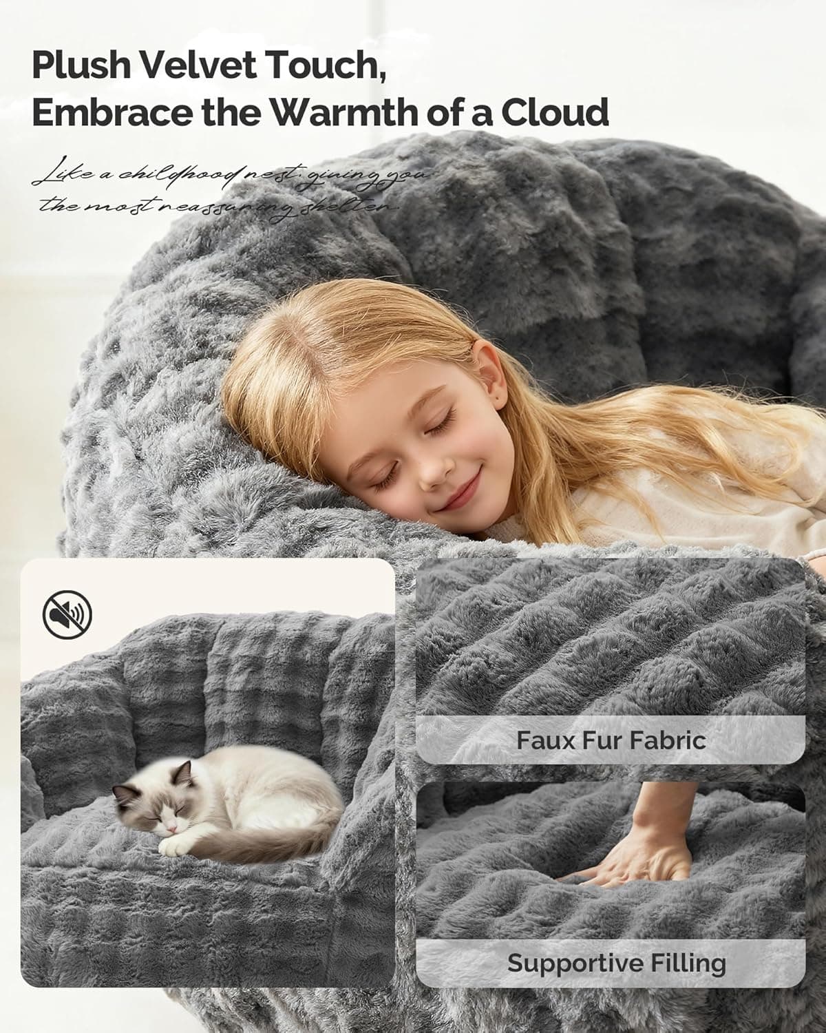 KINGYES Bean Bag Chair, Giant Bean Bag Couch with Memory Foam Filled, Gaming Beanbag Chair for Adults, Bean Bag for Kids &amp; Teen, Light Gray : Home &amp; Kitchen thumbnail 3