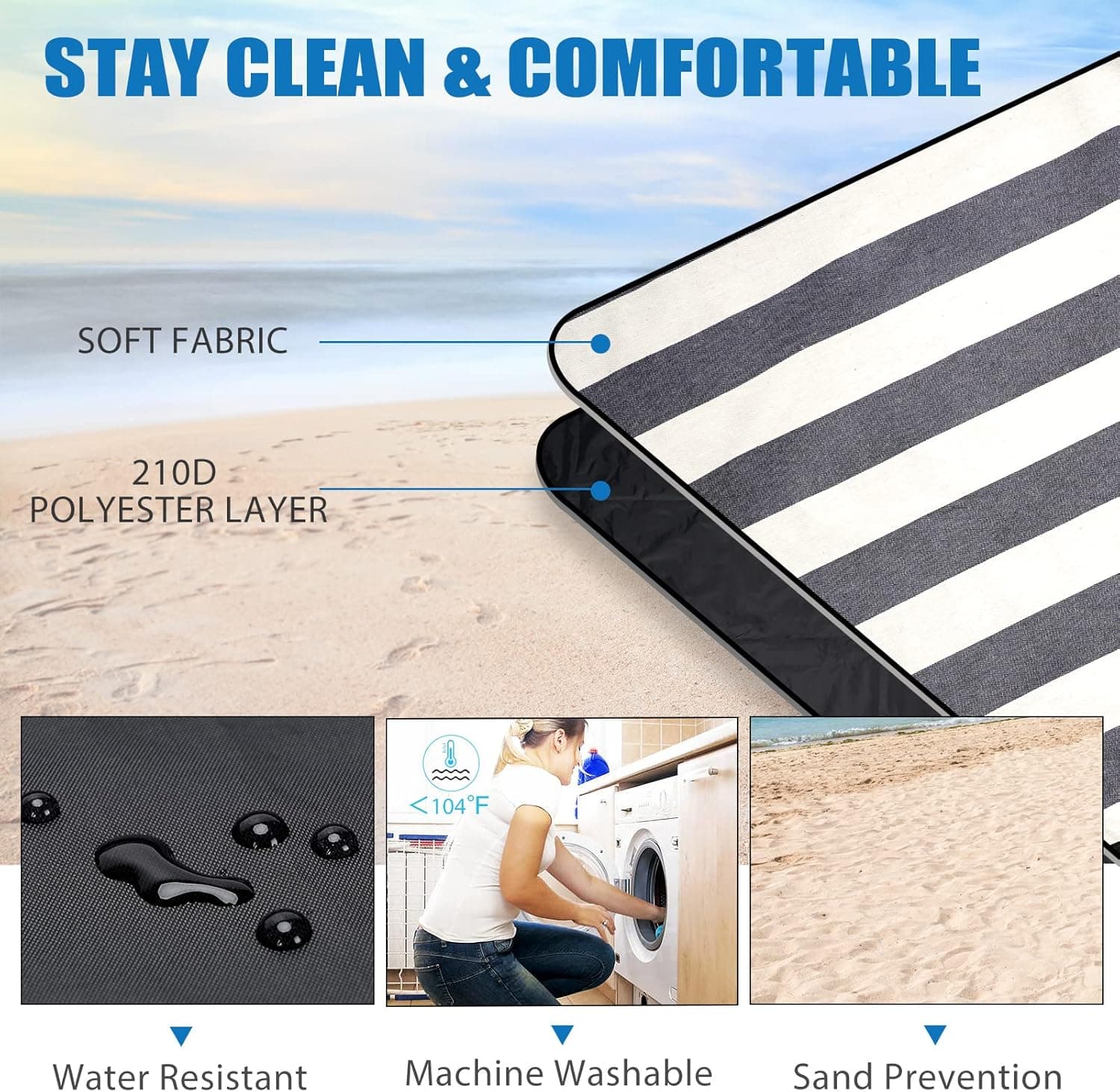 G GOOD GAIN Waterproof Picnic Blanket Portable with Carry Strap for Beach Mat or Family Outdoor Camping Party, Park Blanket for Grass Park, Hiking, Travel, Concerts (Denim Blue) : Patio, Lawn &amp; Garden thumbnail 4