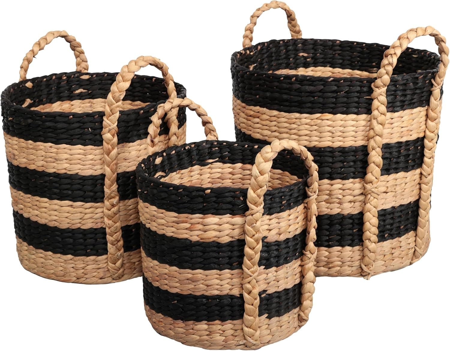 happimess BSK2018C-3SET Willow Rustic Cottage Stripe Handwoven Water Hyacinth Nesting Storage Baskets with Handles, Seagrass Containers for Decoration in Living Room Bedroom, Black/Natural (Set of 3) : Home &amp; Kitchen — Spring Gift Ideas gift idea