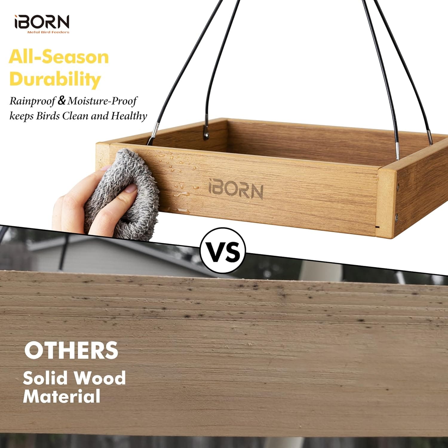 iBorn Platform Bird Feeder Tray, Bird Feeders for Outdoors Hanging, Flat Birdfeeder Tray with Large Capacity 3LBS, WPC Recycled Plastic &amp; Cedar Look, Waterproof, 10.5"x10.5", Raw : Patio, Lawn &amp; Garden thumbnail 4