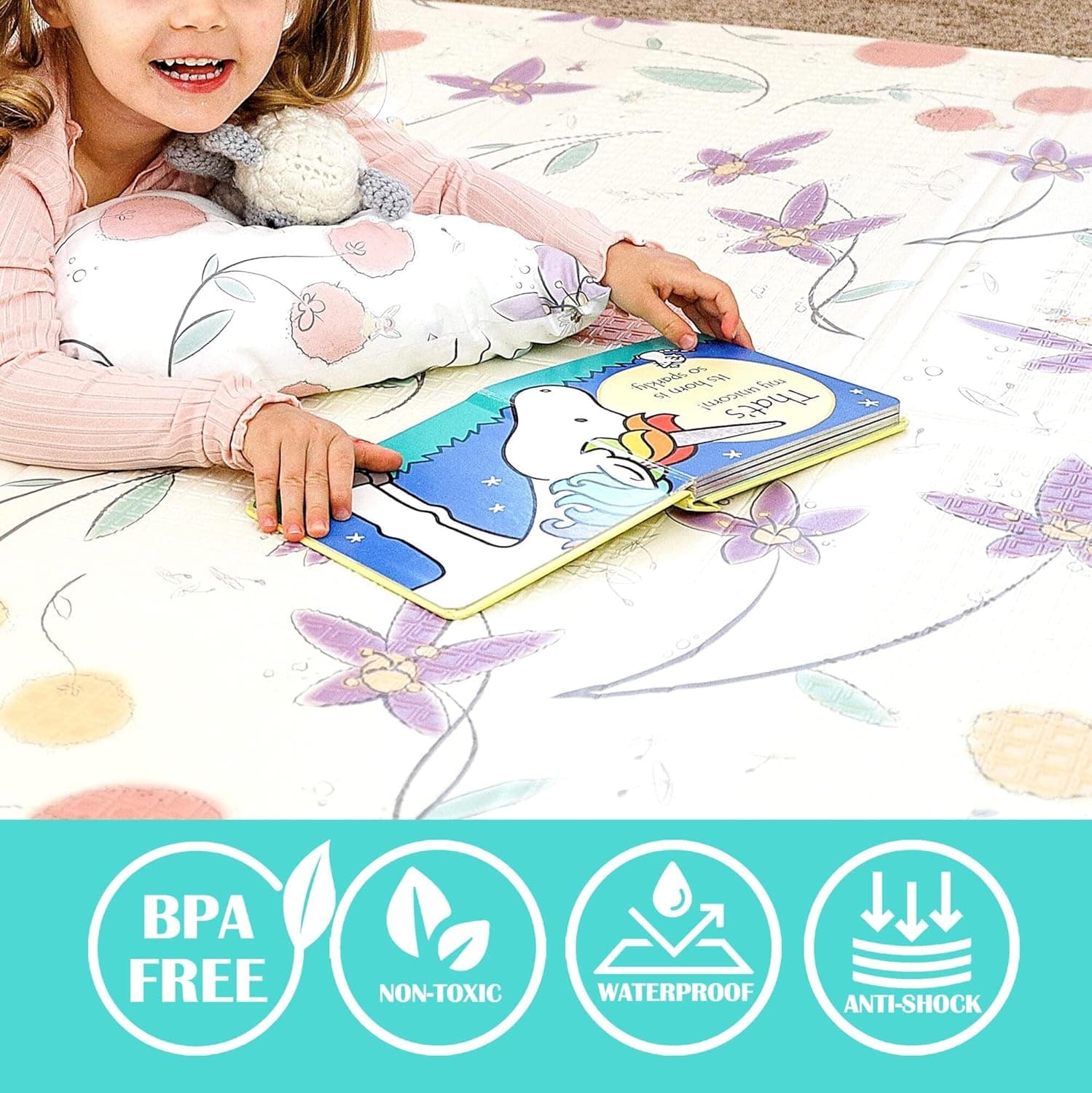 JumpOff Jo Foldable Foam Play Mat – Large Waterproof Baby &amp; Toddler Activity Floor Mat, Double-Sided 70 x 59 Inch Play Surface - Fairy Blossom : Baby thumbnail 4