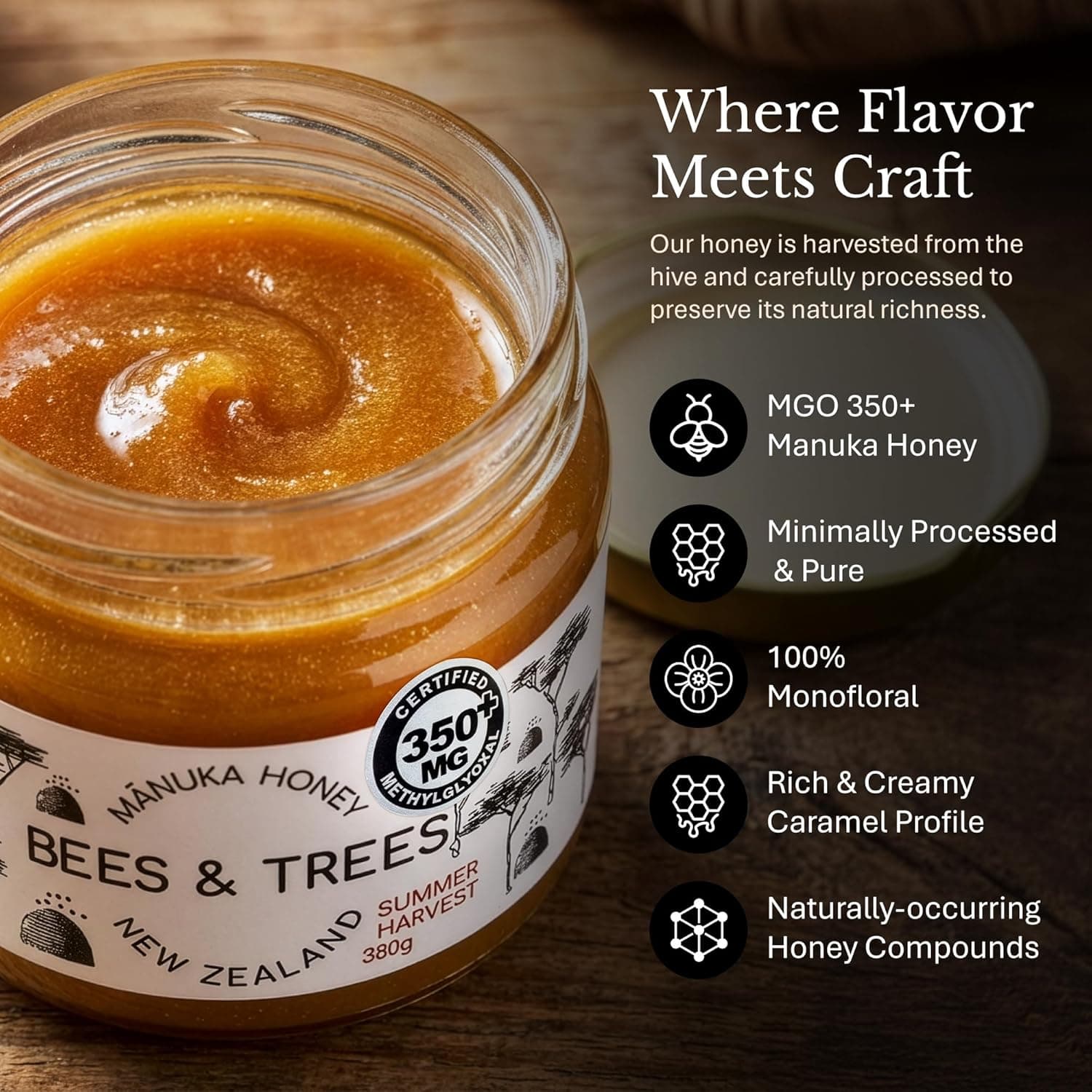 Bees &amp; Trees Manuka Honey 350+ MGO - Raw Pure New Zealand Monofloral Honey – Unpasteurized &amp; Natural Unfiltered Manuka for Tea, Coffee, Dressings, Smoothies &amp; Daily Use – Glass Jar, 380g (13.4oz) : Grocery &amp; Gourmet Food thumbnail 3