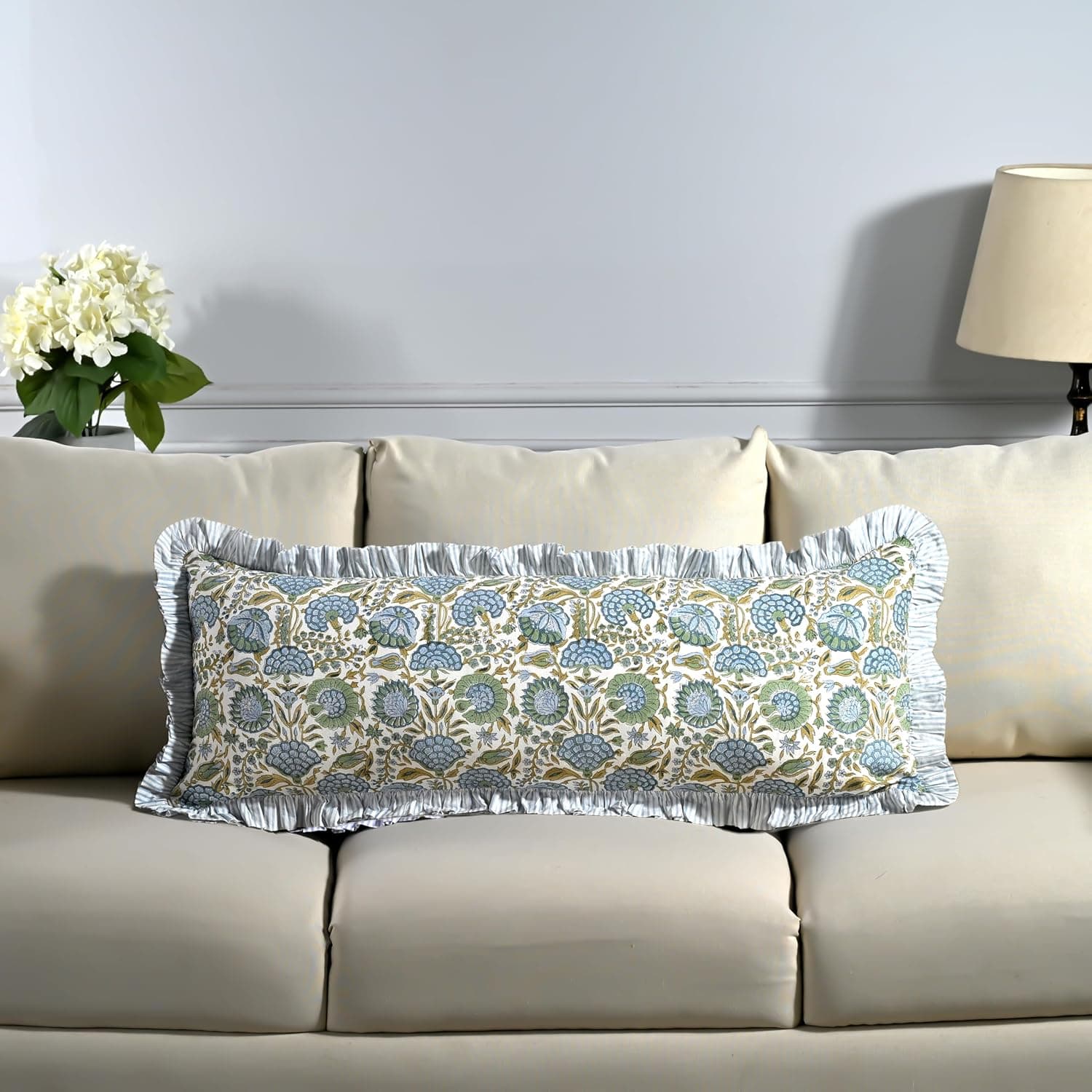 Ridhi Block Print Asparagus Green Ruffle Lumbar Sham Cover image 1