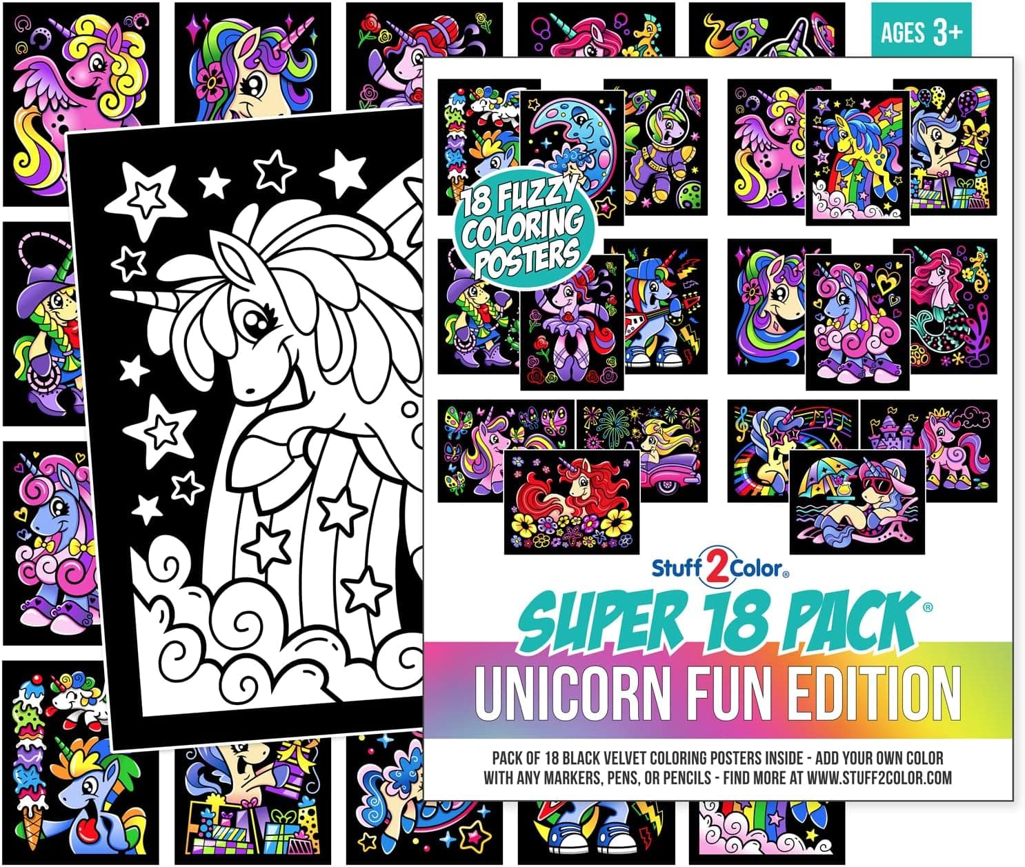 Super Pack of 18 Fuzzy Velvet Coloring Posters (Unicorn Fun Edition) - Great for Family Time, Arts and Crafts, Travel, Quiet Time, Sharing, Parties [All Ages: Kids, Girls, Adults, Toddlers, Teens] : Toys &amp; Games image 1