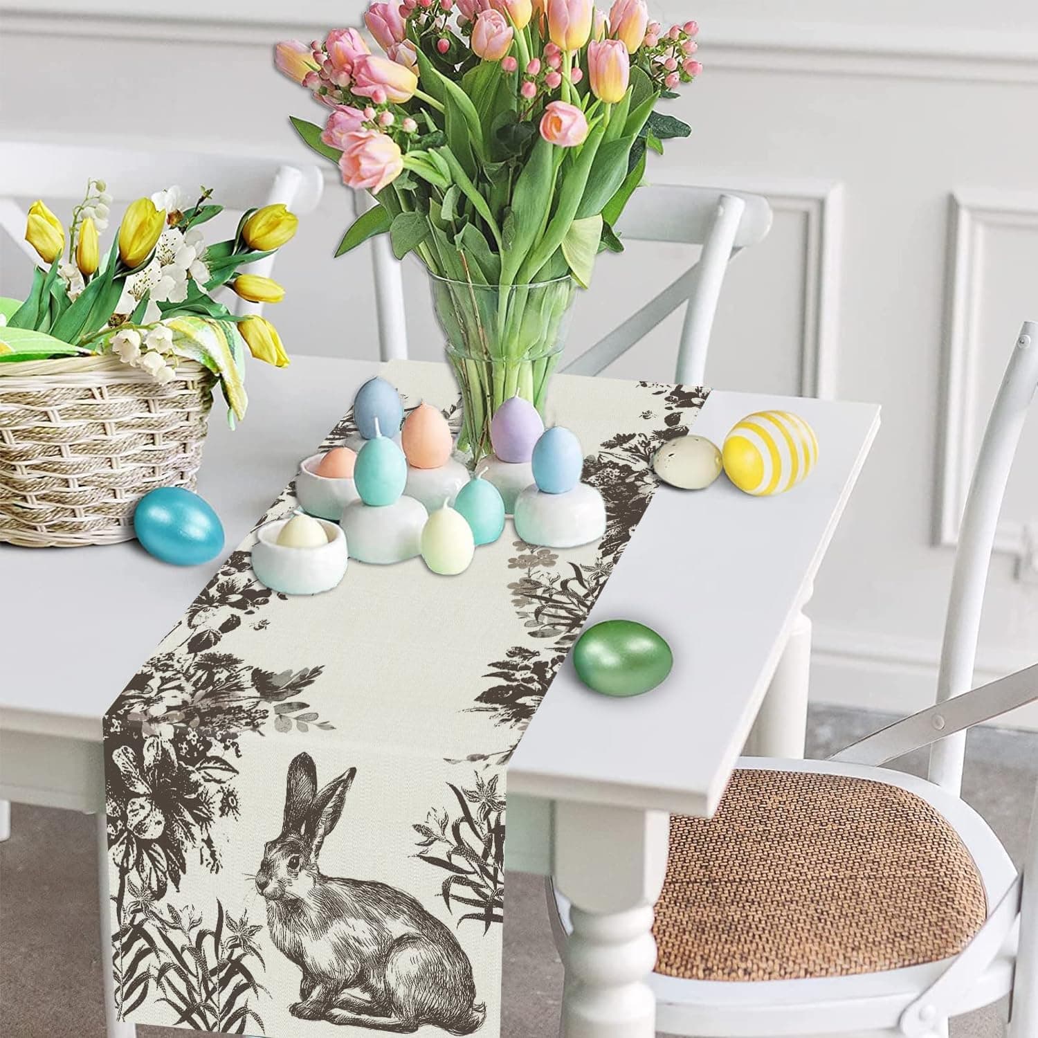 Easter Table Runner with Ink Floral Bunny Design - 13 x 72 Inch thumbnail 3