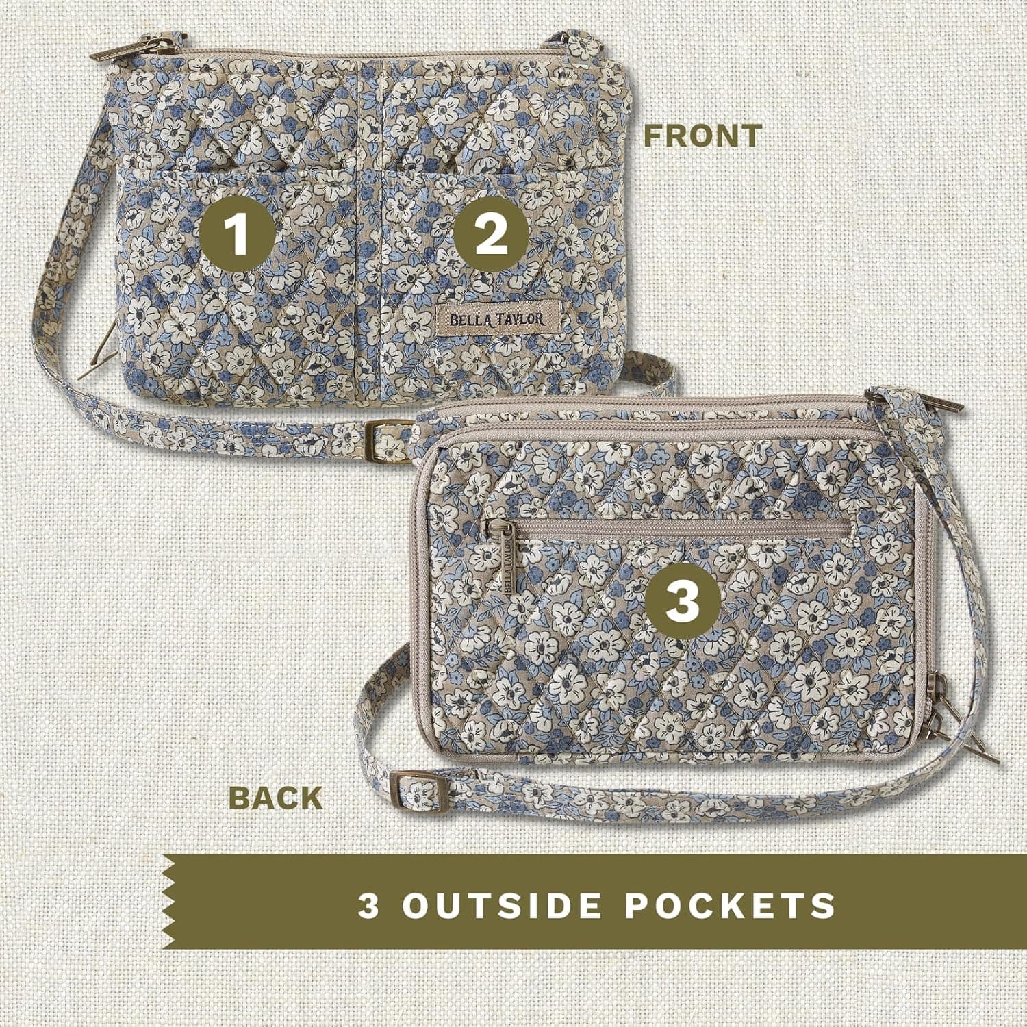 Bella Taylor Essentials Crossbody Purse with Built In Wallet, Quilted Cotton Khaki Floral: Handbags: Amazon.com thumbnail 5