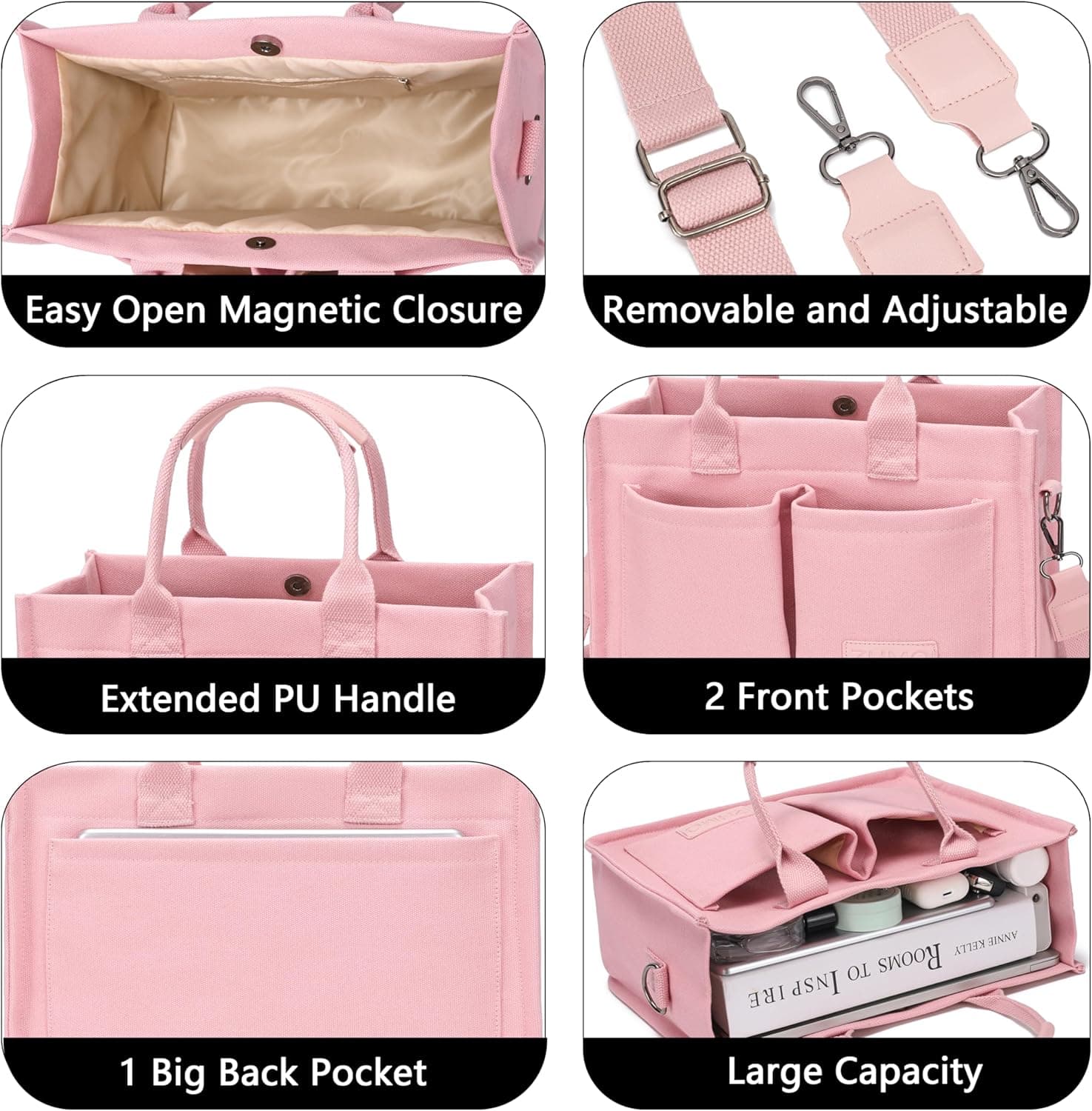 ZHMO Canvas Tote Bag for Women With Compartments and Pockets,Pink Women thumbnail 5