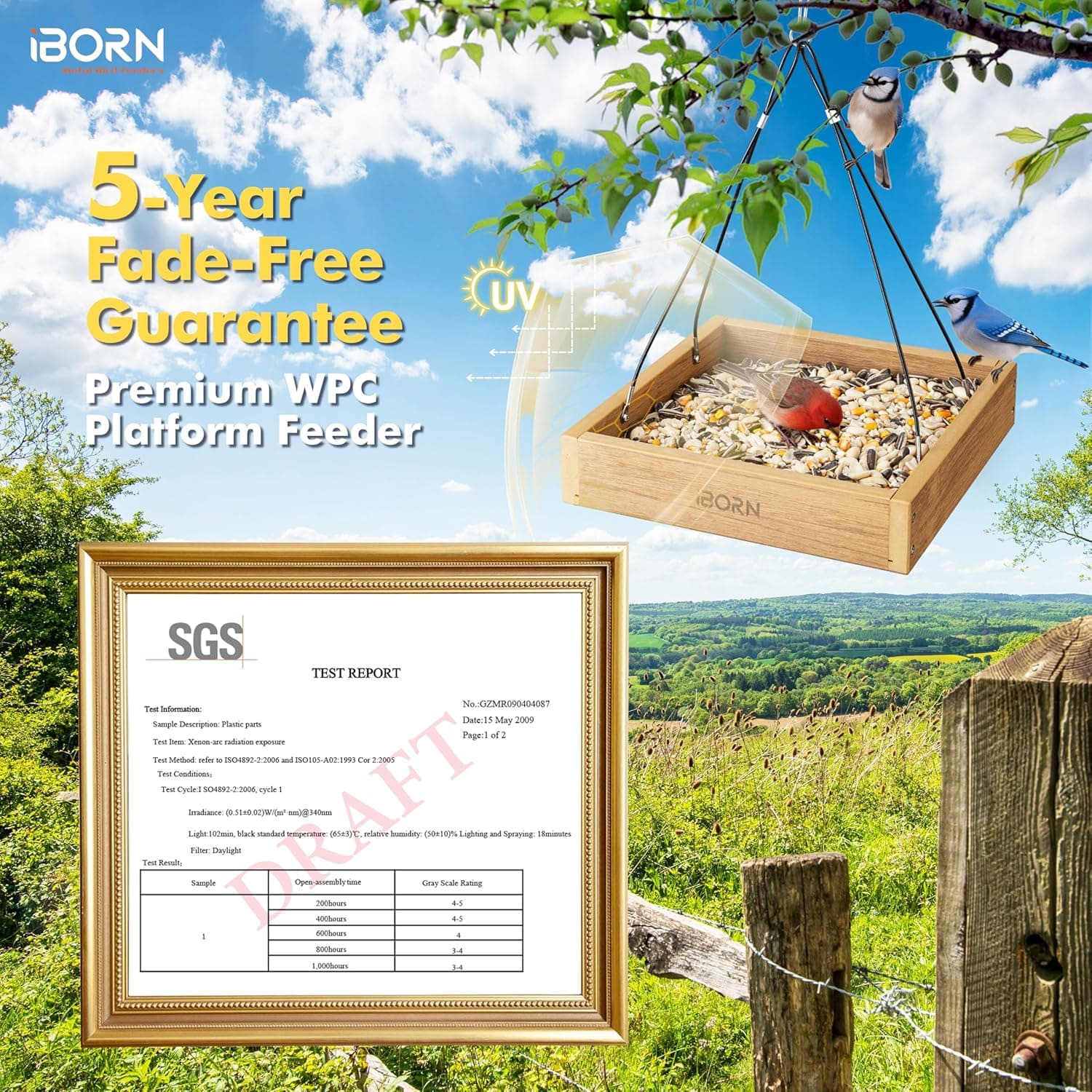 iBorn Platform Bird Feeder Tray, Bird Feeders for Outdoors Hanging, Flat Birdfeeder Tray with Large Capacity 3LBS, WPC Recycled Plastic &amp; Cedar Look, Waterproof, 10.5"x10.5", Raw : Patio, Lawn &amp; Garden thumbnail 5