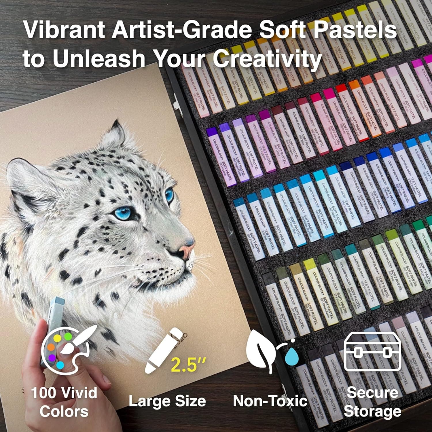 COLOUR BLOCK Soft Pastels for Artists - 100 Colors Square Chalk Pastels Set in Wooden Box - Vibrant Pigments Art Kit for Painting, Drawing, Sketching, Hobbyists. : Arts, Crafts &amp; Sewing thumbnail 2