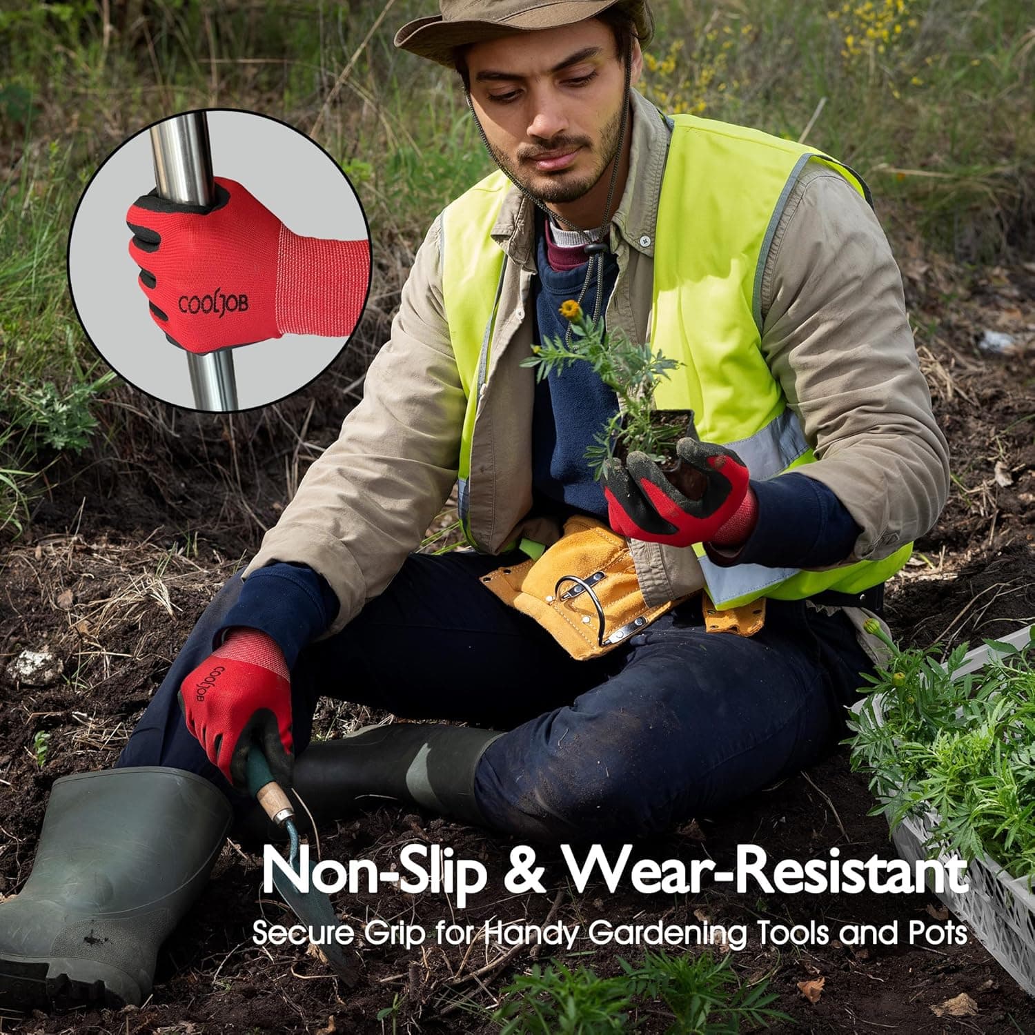 COOLJOB Gardening Gloves for Men, 2 Pairs Breathable Rubber Coated for Garden Weeding Landscaping, Outside Work for Lawn Yard, Men thumbnail 5