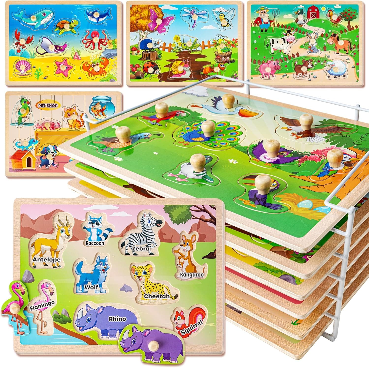 SYNARRY Wooden Puzzles for Toddlers 1-3, 6 Piece Set with Rack image 1