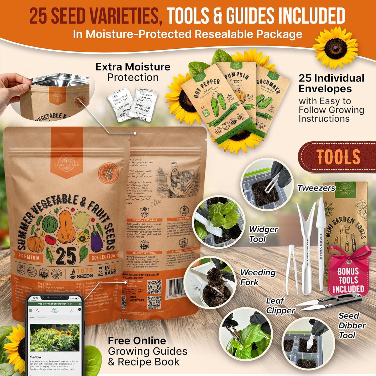 25 Summer Vegetable &amp; Fruit Seeds Variety Pack - 1,870+ Non-GMO Heirloom Veggie &amp; Fruits Seeds for Outdoors and Indoor Home Gardening, Including Collards, Tomato, Pepper, Okra, Onion, Bean, Cucumber : Patio, Lawn &amp; Garden thumbnail 3