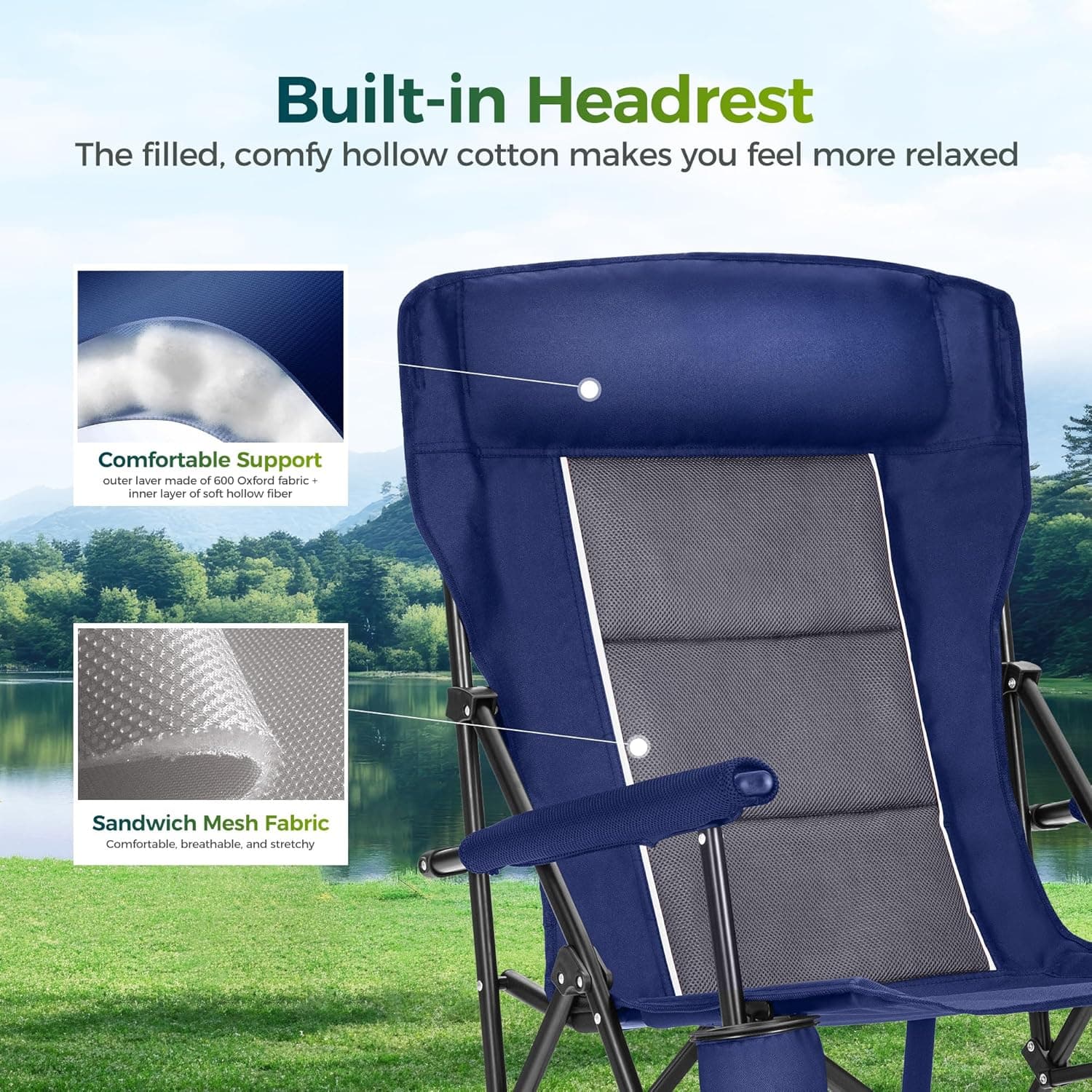 ALPHA CAMP Oversized Folding Camping Chairs High Backrest Heavy Duty Lawn Chairs for Adults Support 500 LBS Portable Camp Chairs with Cup Holders Large Side Pocket for Outdoor : Sports &amp; Outdoors thumbnail 3