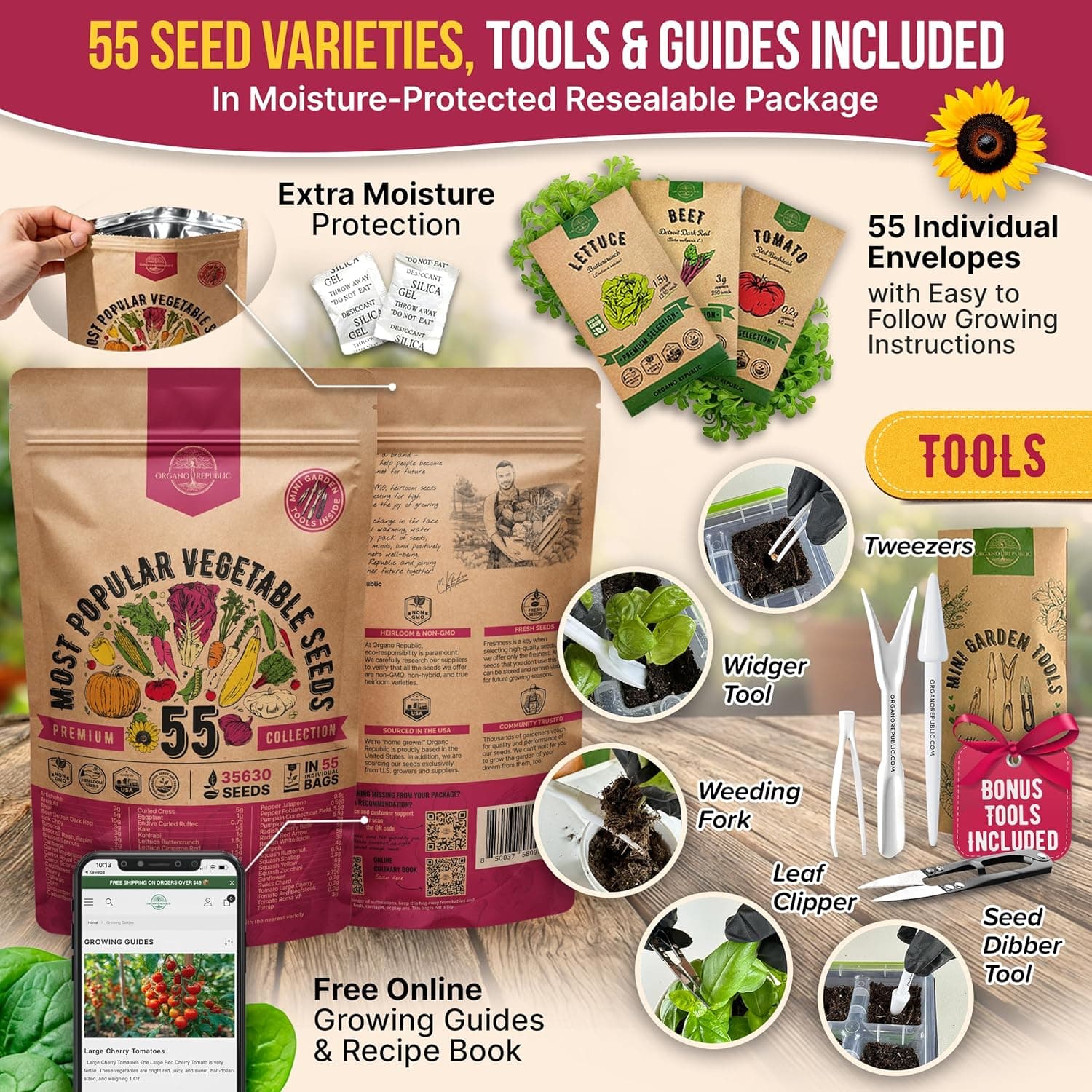 55 Vegetable Seeds Variety Pack - Non-GMO Heirloom Seeds thumbnail 3