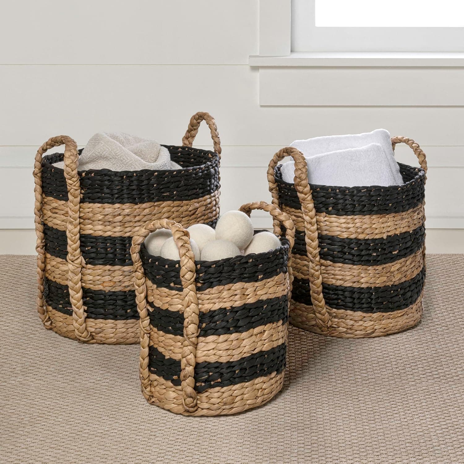 happimess BSK2018C-3SET Willow Rustic Cottage Stripe Handwoven Water Hyacinth Nesting Storage Baskets with Handles, Seagrass Containers for Decoration in Living Room Bedroom, Black/Natural (Set of 3) : Home &amp; Kitchen thumbnail 5