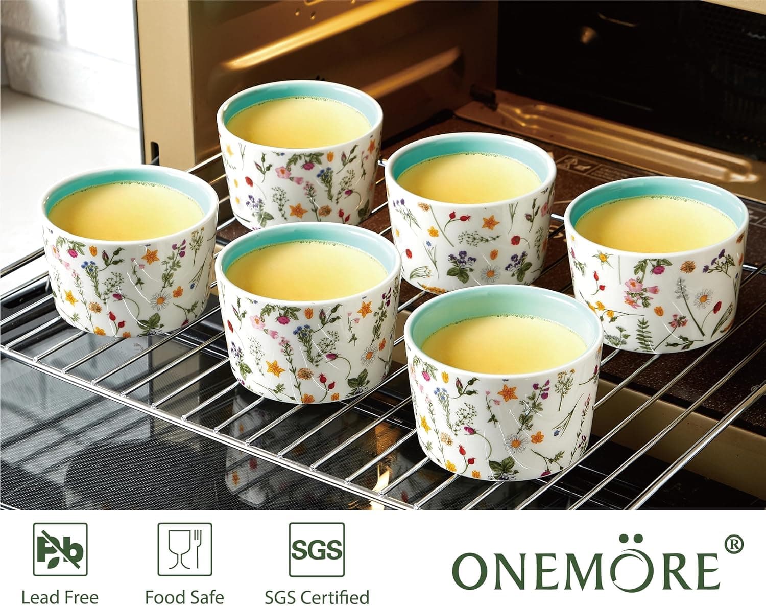 ONEMORE 6 oz Floral Ceramic Ramekins Set of 6 in Mint Green thumbnail 4