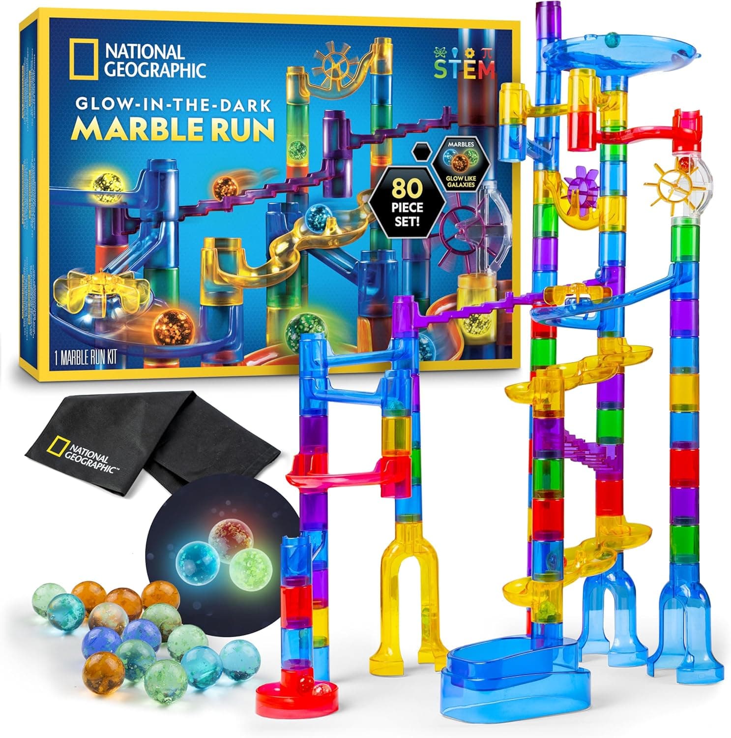 NATIONAL GEOGRAPHIC Glowing Marble Run – Construction Set with 15 Glow in The Dark Glass Marbles &amp; Storage Bag, STEM Gifts for Boys and Girls, Building Project Toy (Amazon Exclusive) : Toys &amp; Games image 1