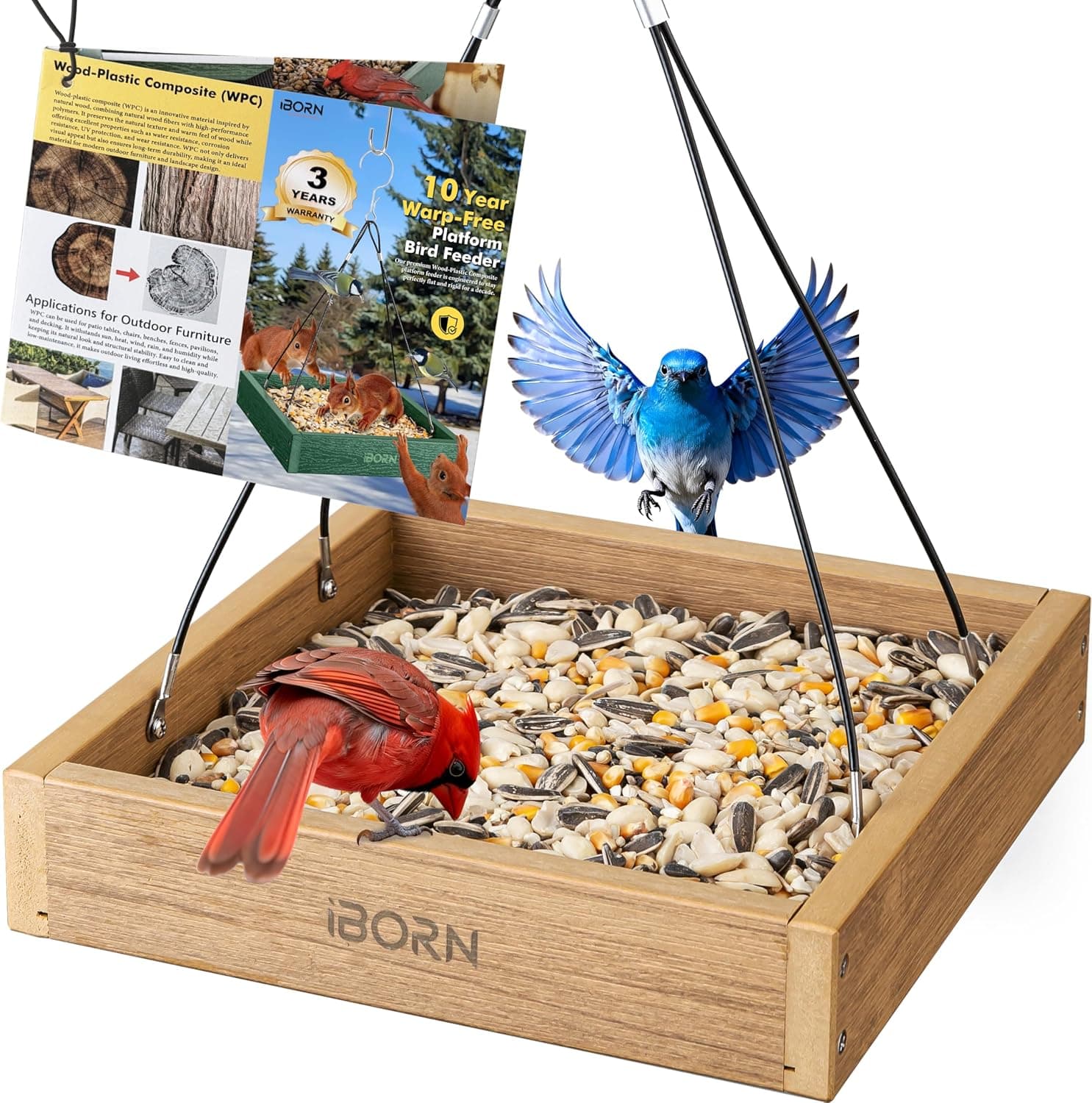 iBorn Platform Bird Feeder Tray, Bird Feeders for Outdoors Hanging, Flat Birdfeeder Tray with Large Capacity 3LBS, WPC Recycled Plastic &amp; Cedar Look, Waterproof, 10.5"x10.5", Raw : Patio, Lawn &amp; Garden image 1