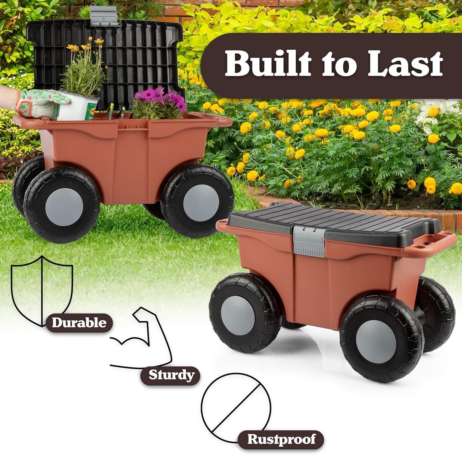 Pure Garden Rolling Garden Cart with Seat - Terracotta thumbnail 5