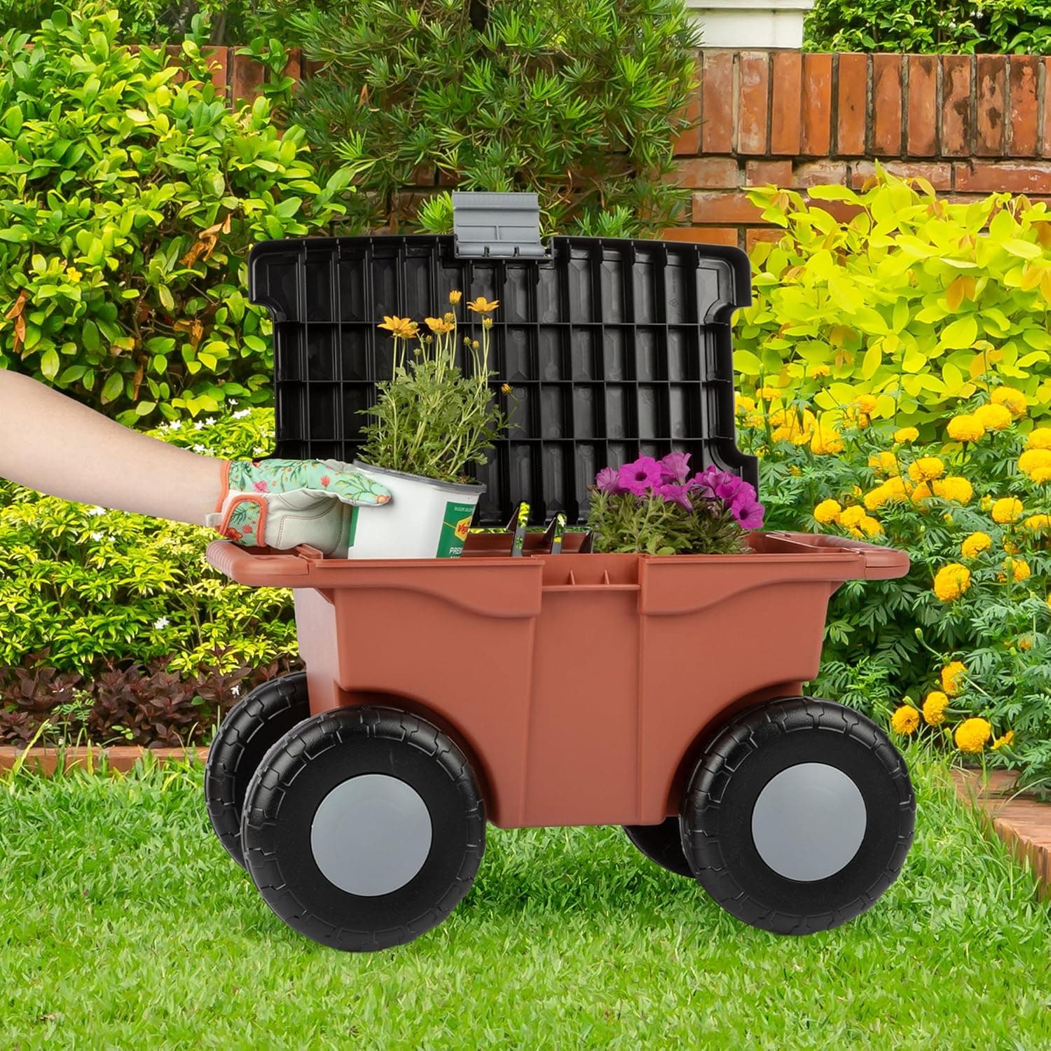 Pure Garden Rolling Garden Cart with Seat - Terracotta thumbnail 2