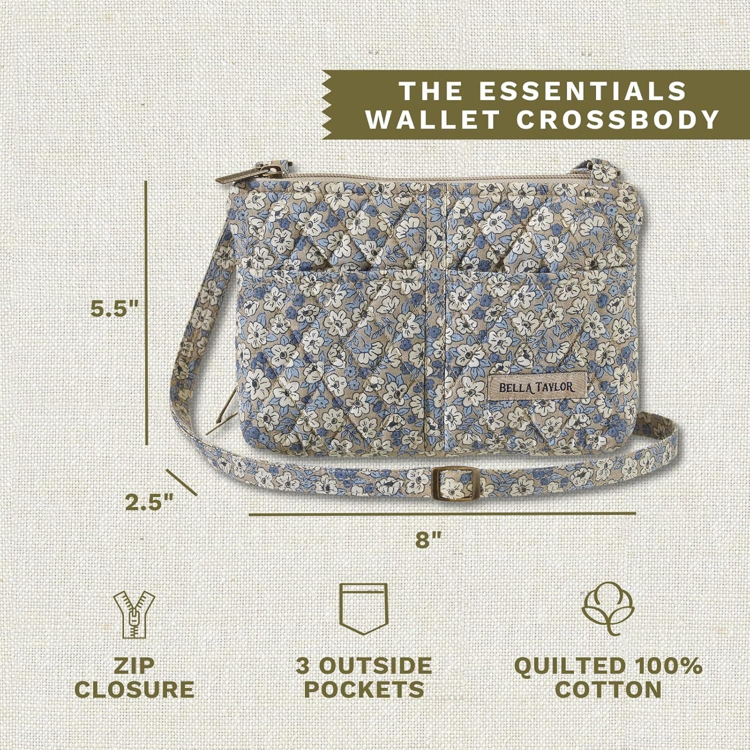 Bella Taylor Essentials Crossbody Purse with Built In Wallet, Quilted Cotton Khaki Floral: Handbags: Amazon.com thumbnail 4