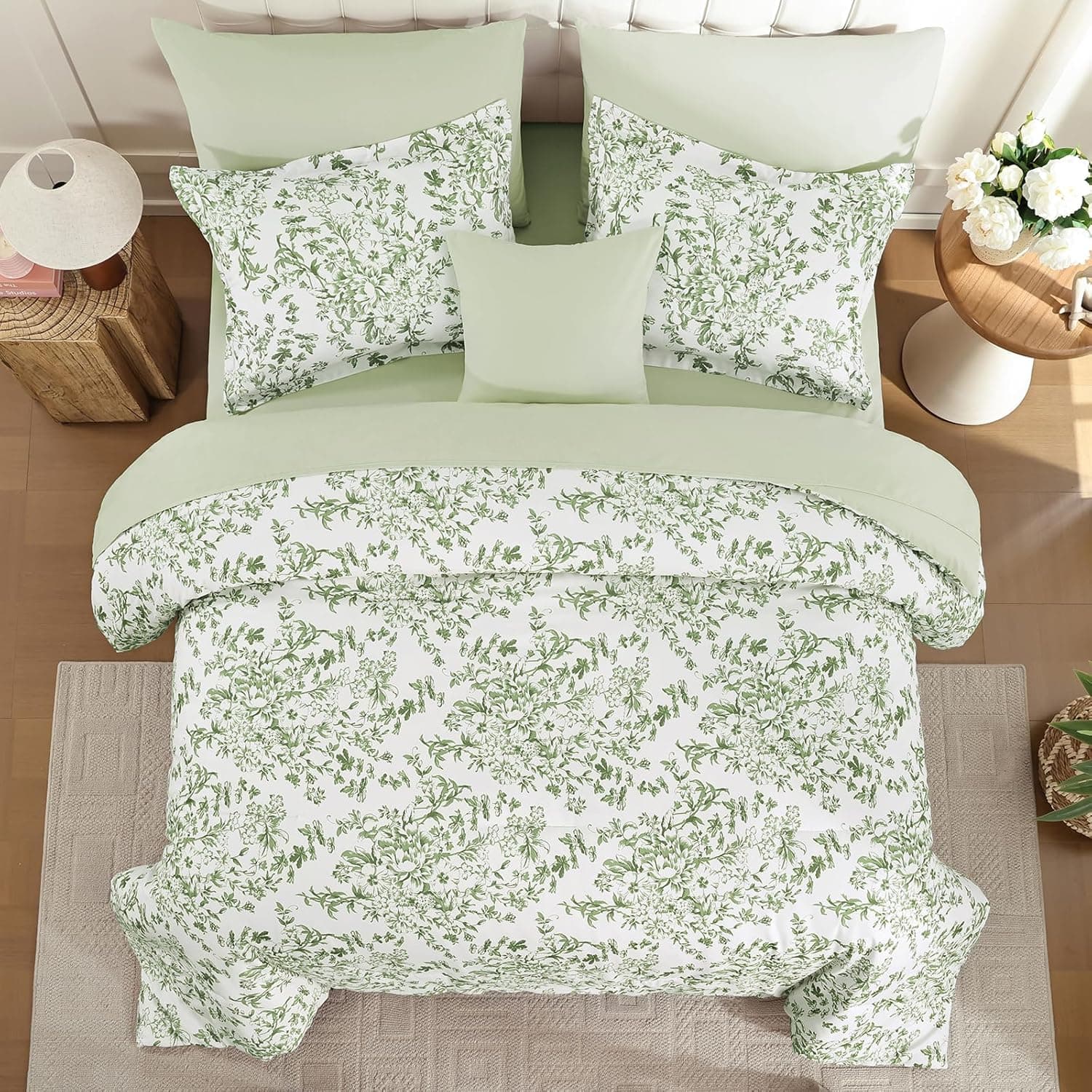 WONGS BEDDING 8 Pieces Queen Size Comforter Set Green, Sage Green Floral Bed in a Bag Comforter Sets, Soft Reversible Botanical Flowers Bedding Sets for All Season (90"x90") : Home &amp; Kitchen thumbnail 3